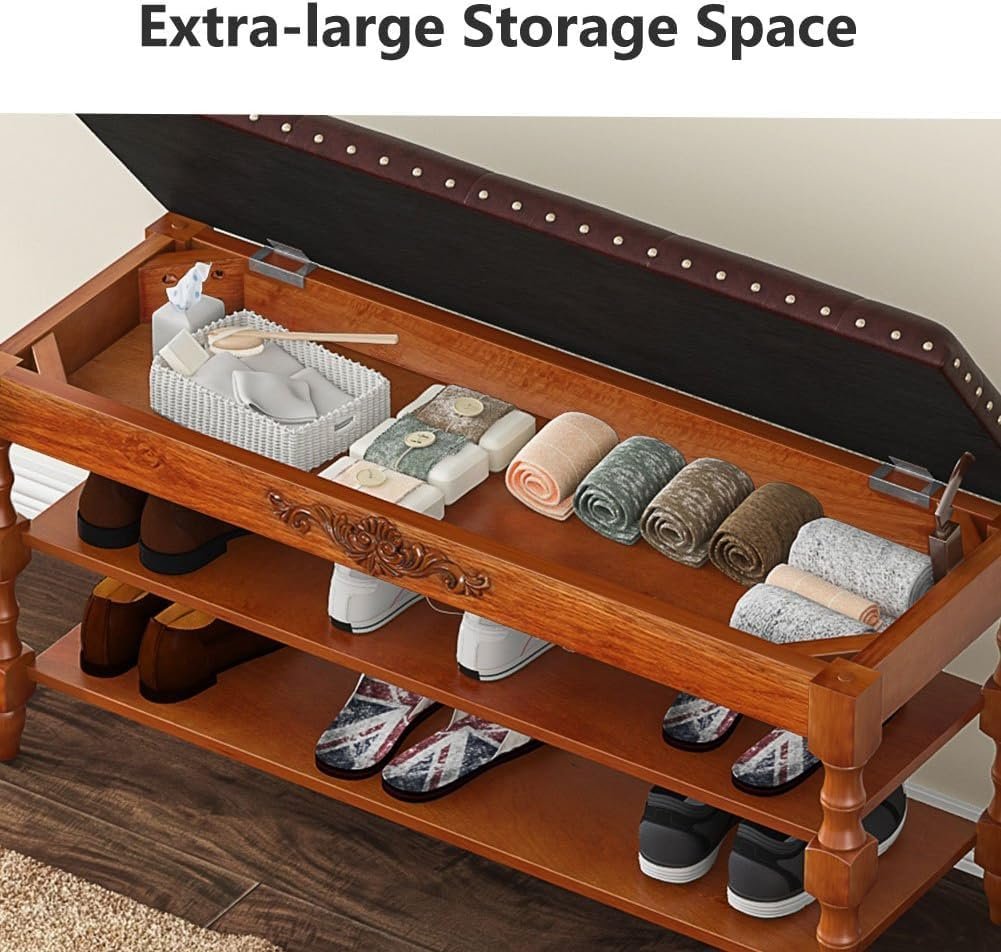 99 cm Massief Houten Schoenenbank met Opklapzitting en Verborgen Opbergruimte, Organizer voor 8–10 Paar Schoenen