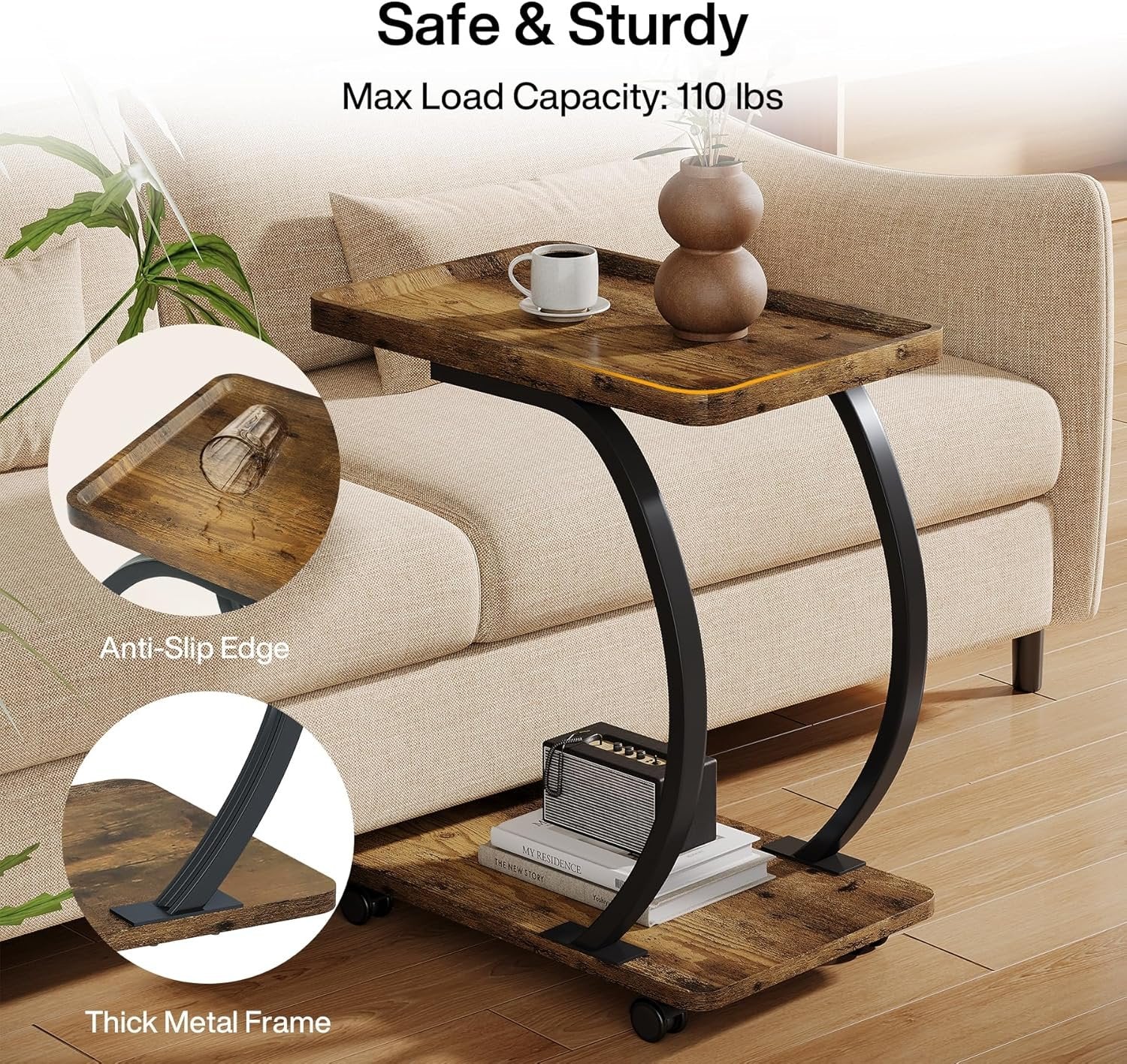 Industriële C-vormige Bijzettafel met Wieltjes in Rustiek Bruin, Houten 2-Lagen Tafeltje met Metalen Frame