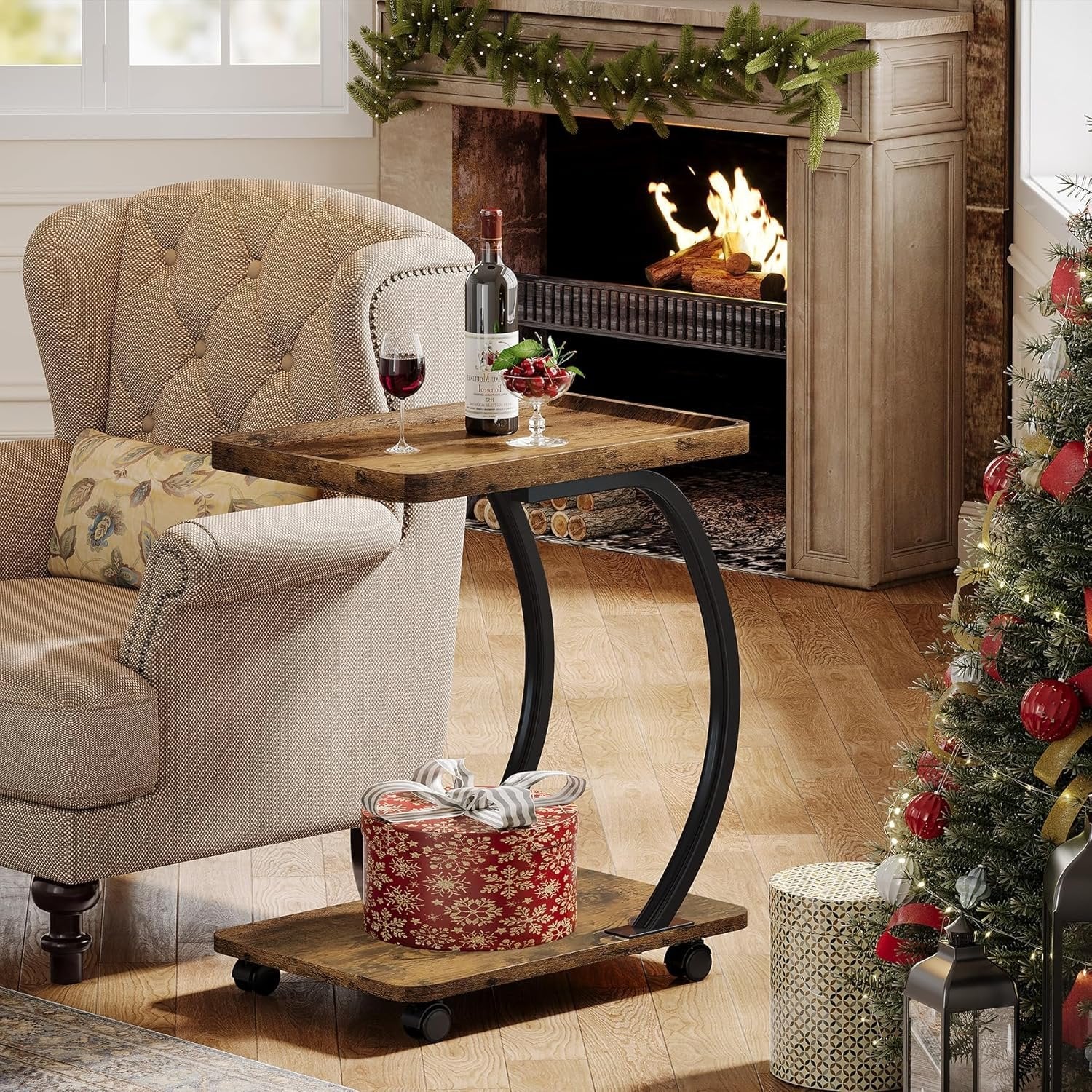 Industriële C-vormige Bijzettafel met Wieltjes in Rustiek Bruin, Houten 2-Lagen Tafeltje met Metalen Frame