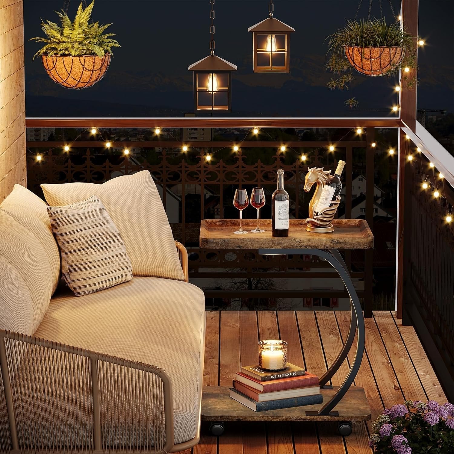 Industriële C-vormige Bijzettafel met Wieltjes in Rustiek Bruin, Houten 2-Lagen Tafeltje met Metalen Frame