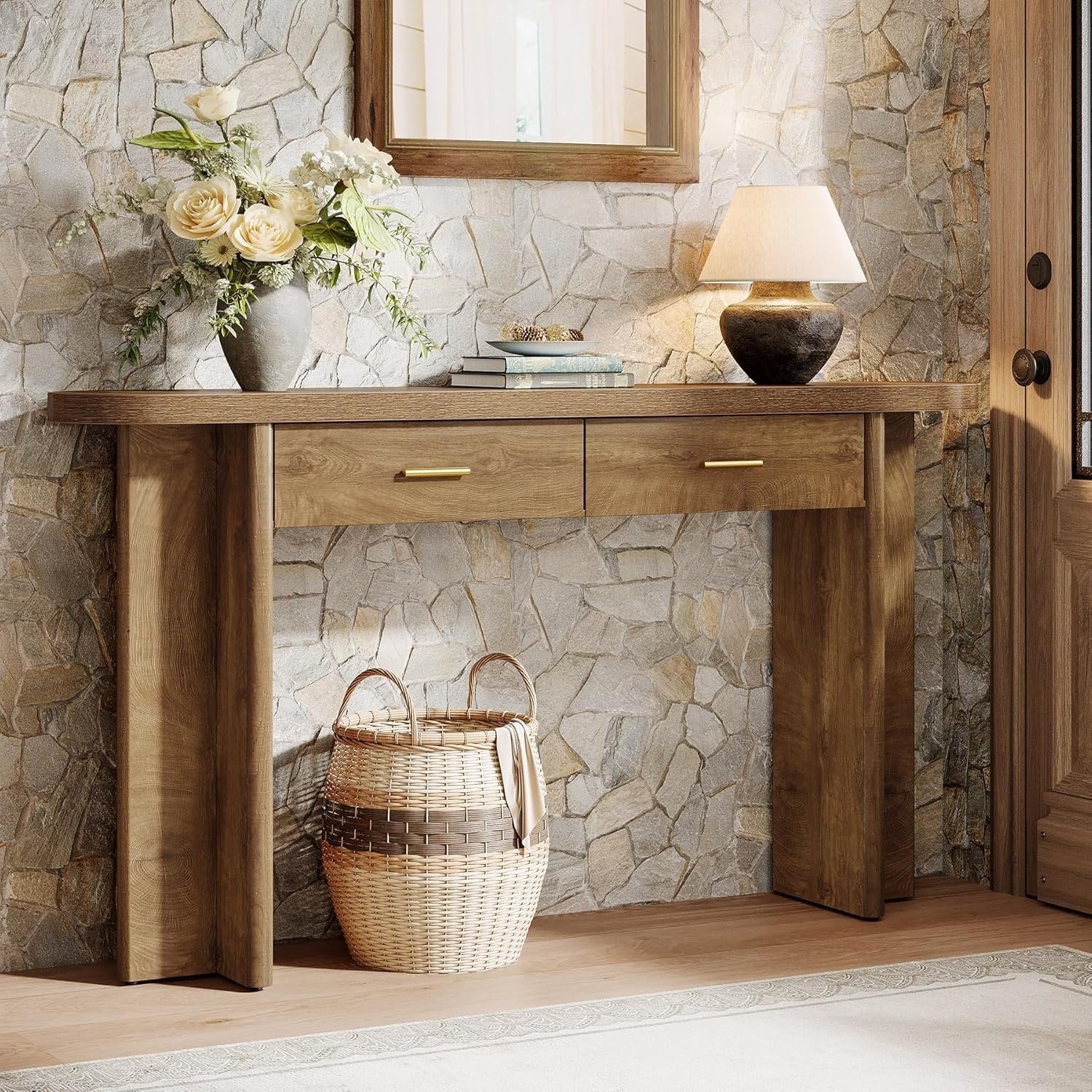 Ovale Consoletafel van 160 cm met 2 Lades in Landelijke Stijl, Haltafel met Opbergruimte voor Woonkamer en Entree