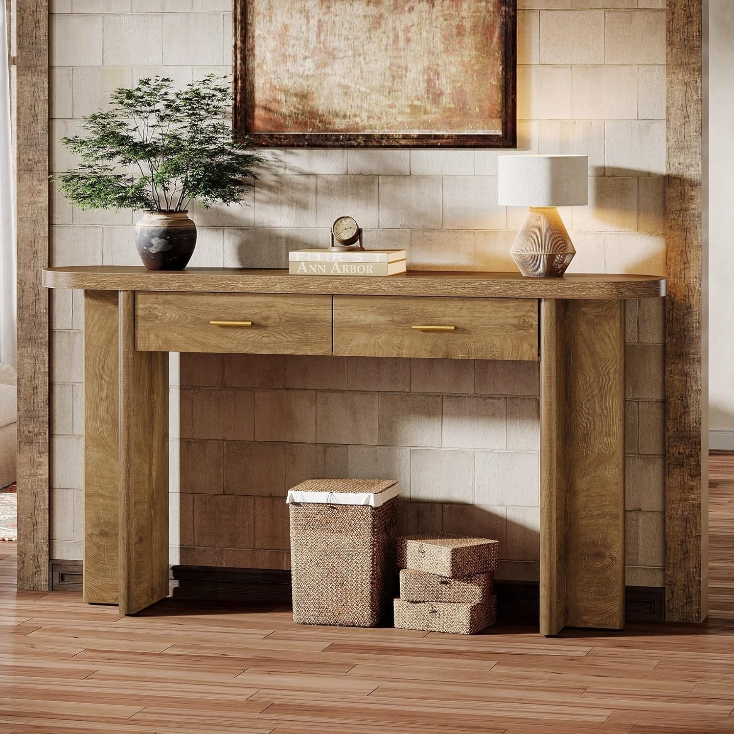 Ovale Consoletafel van 160 cm met 2 Lades in Landelijke Stijl, Haltafel met Opbergruimte voor Woonkamer en Entree