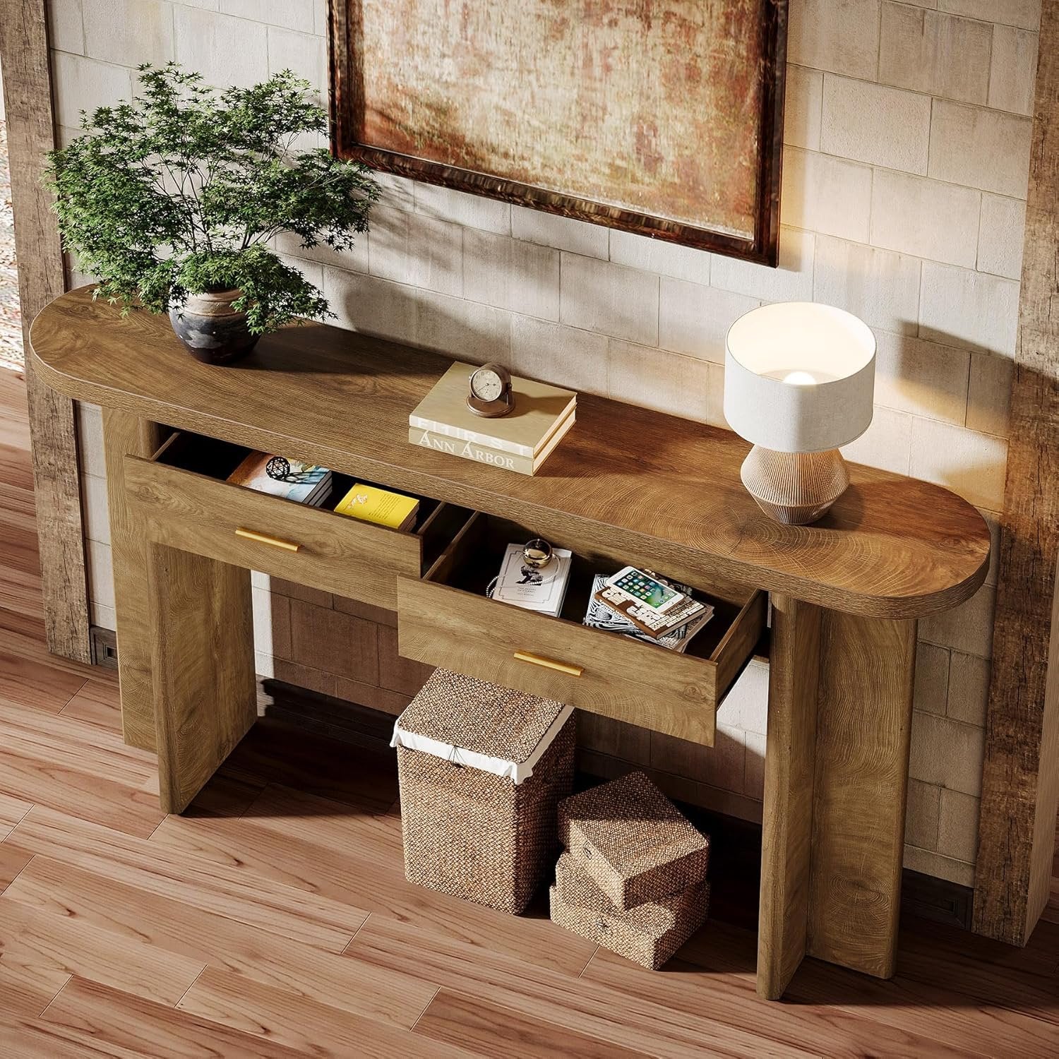 Ovale Consoletafel van 160 cm met 2 Lades in Landelijke Stijl, Haltafel met Opbergruimte voor Woonkamer en Entree