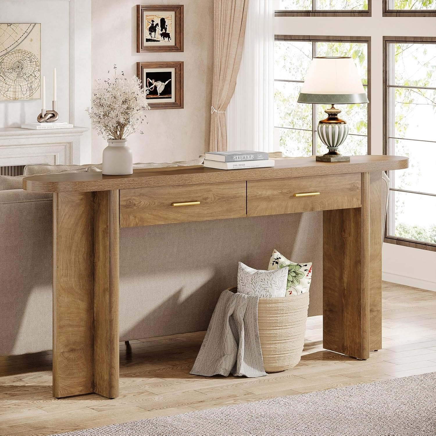 Ovale Consoletafel van 160 cm met 2 Lades in Landelijke Stijl, Haltafel met Opbergruimte voor Woonkamer en Entree