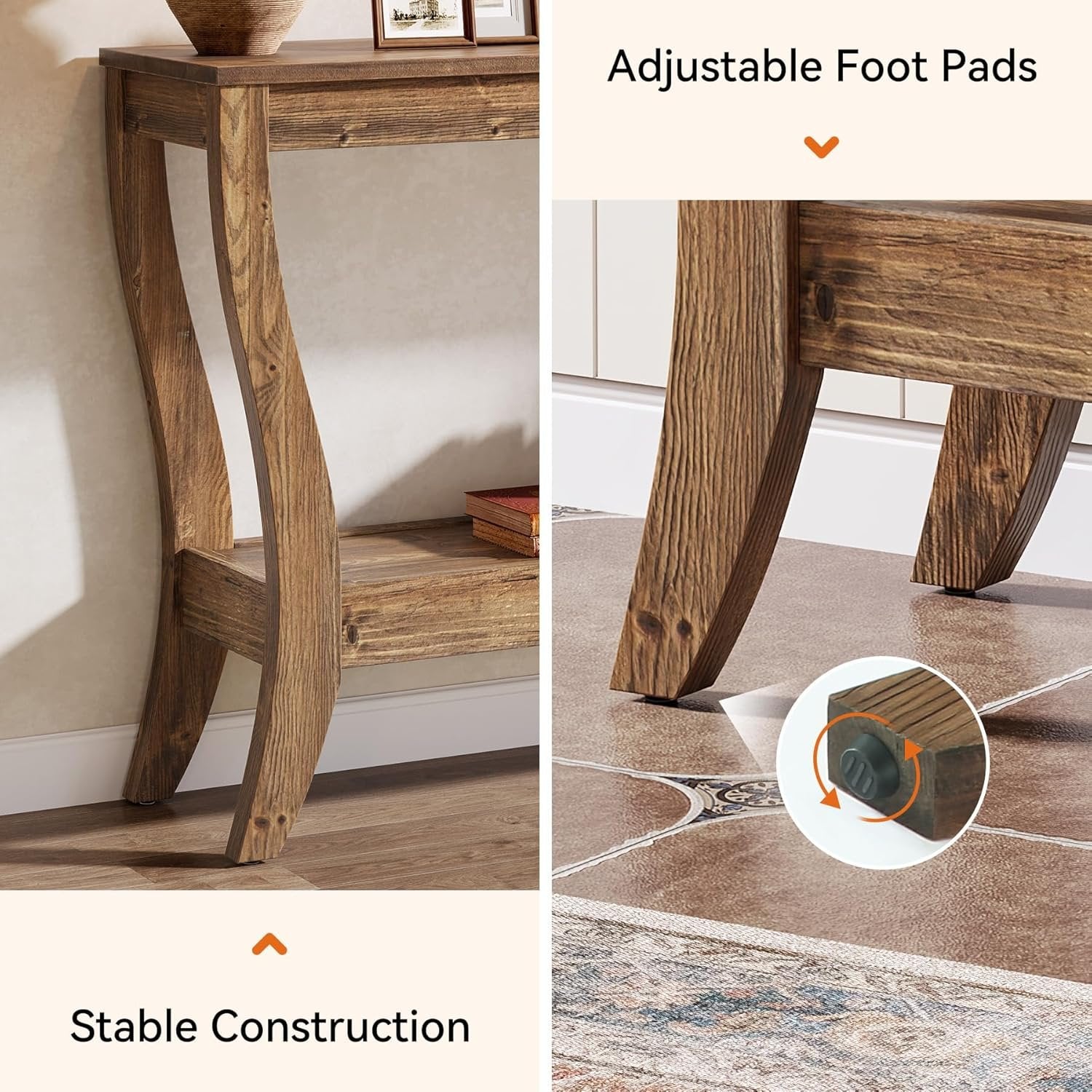 Consoletafel van Massief Hout 105 cm met Opbergruimte, 2-Laags Haltafel voor Woonkamer en Entree in Bruin