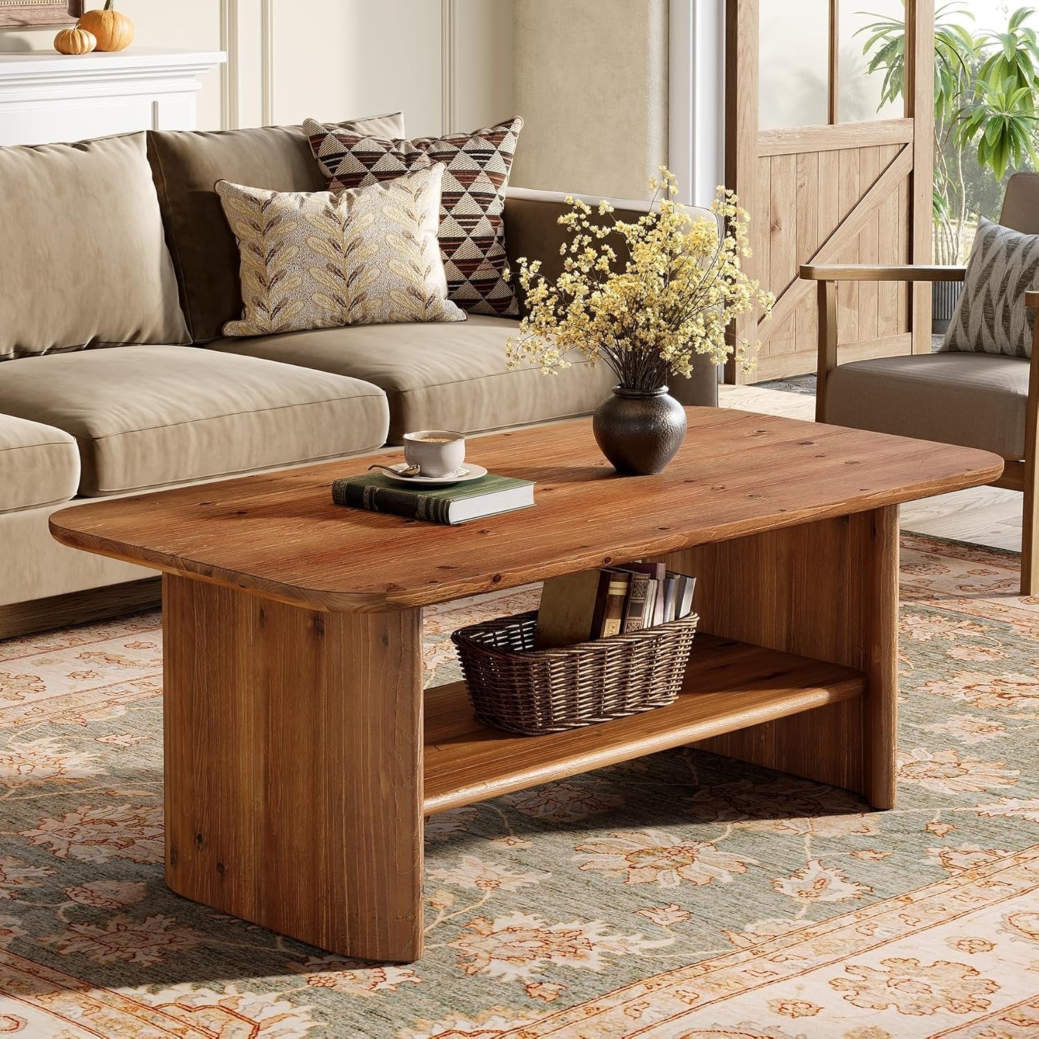 120 cm Massief Houten Salontafel voor Woonkamer, Rustieke Rechthoekige 2-Lagen Centertafel, Bruin