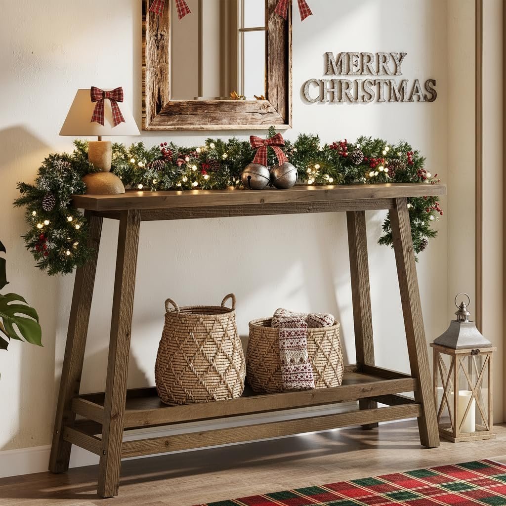 105 cm Landelijke Consoletafel van Massief Hout, Smalle Haltafel met Opbergschap 2-Lagen Achter Bank Meubel