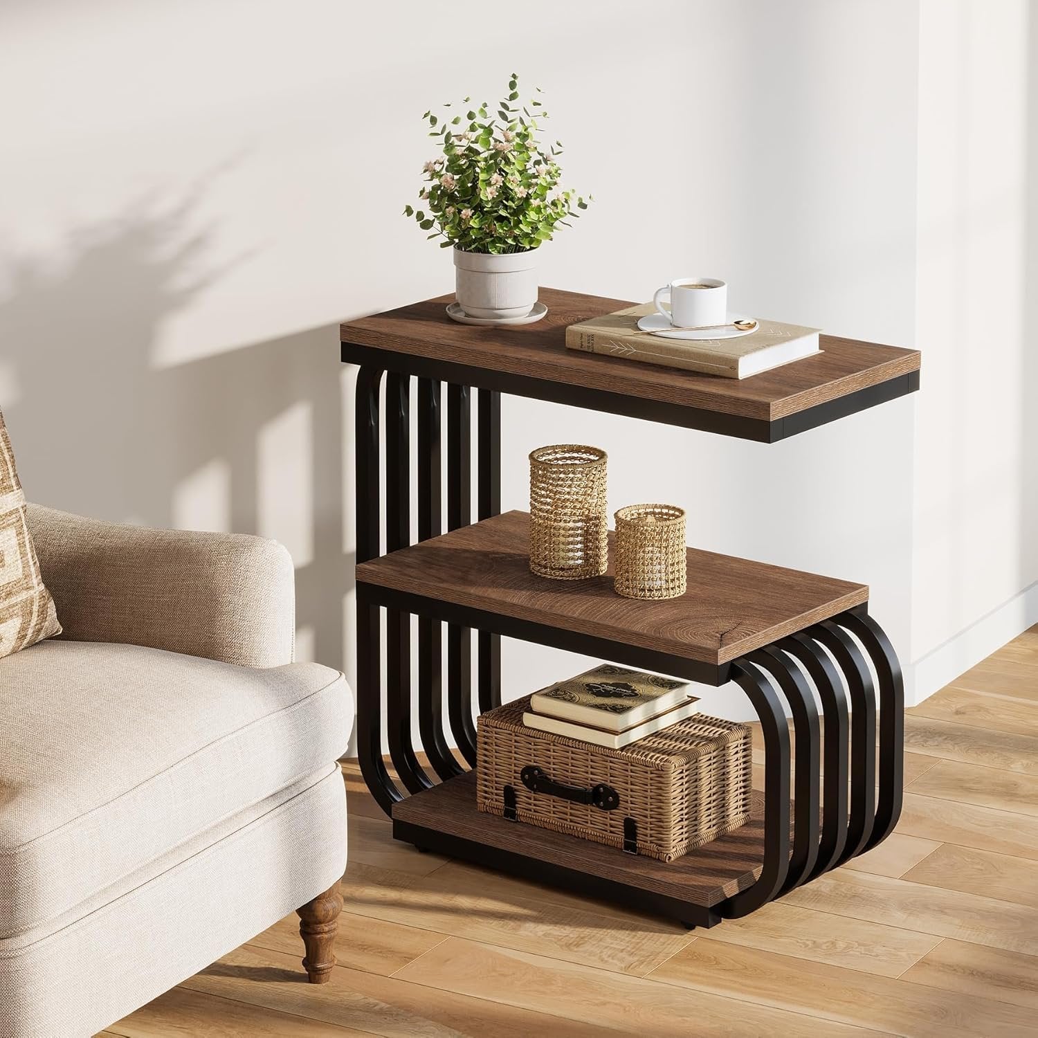 Tribesigns Smalle Bijzettafel 3-Lagen, Industriële Nachtkast met Metalen Frame