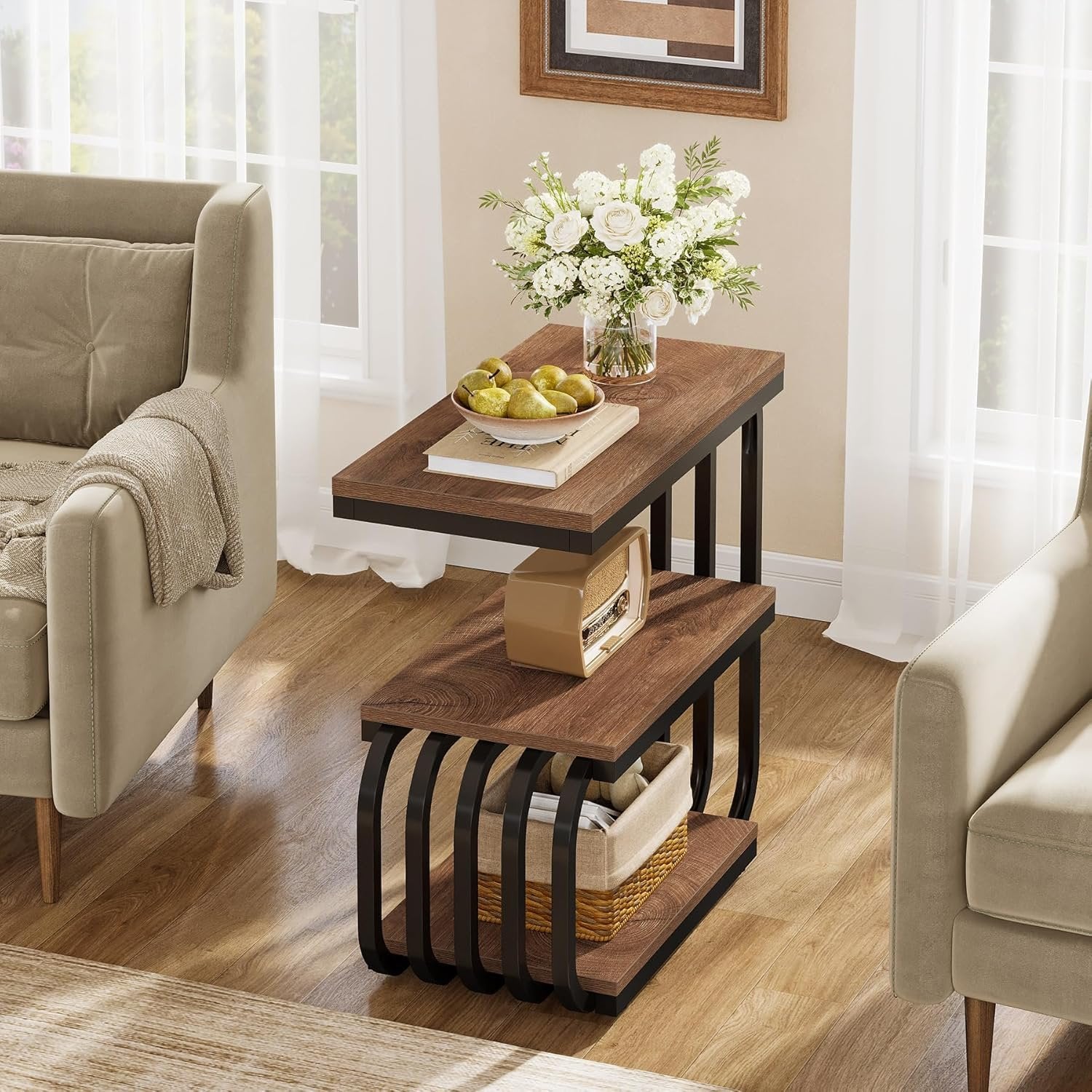 Tribesigns Smalle Bijzettafel 3-Lagen, Industriële Nachtkast met Metalen Frame