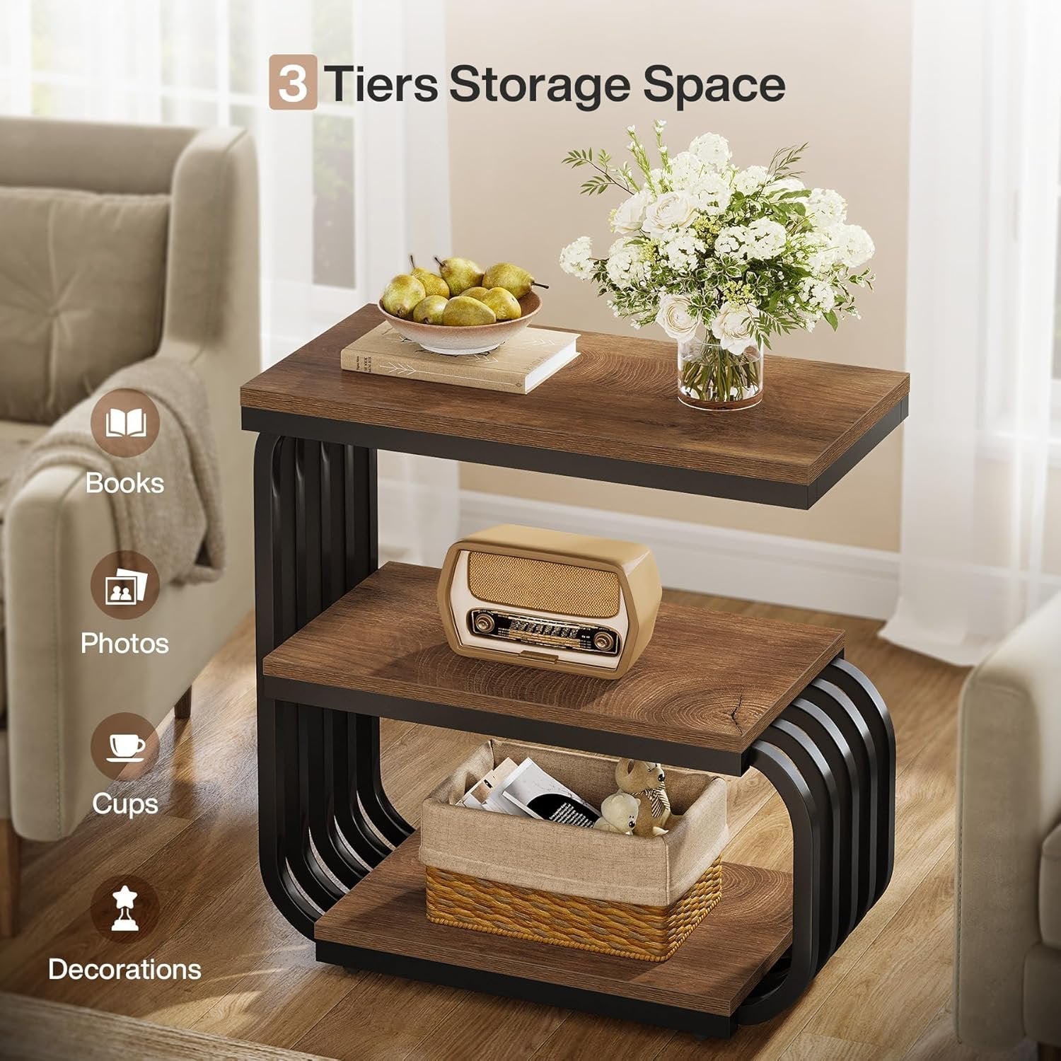 Tribesigns Smalle Bijzettafel 3-Lagen, Industriële Nachtkast met Metalen Frame