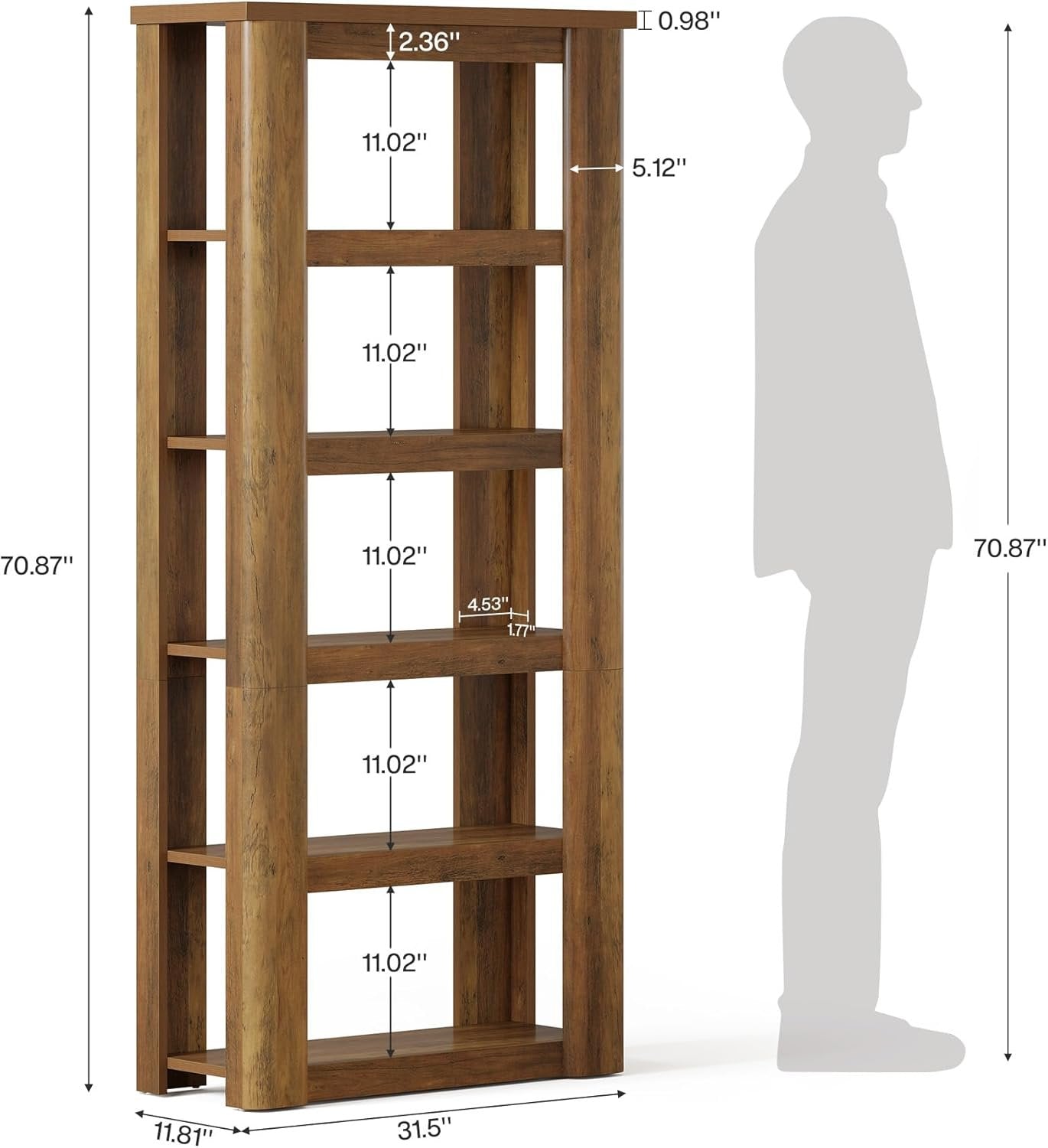 Boekenkast van 180 cm met 6 Lagen, Vrijstaande Open Opbergrekken in Rustiek Bruin