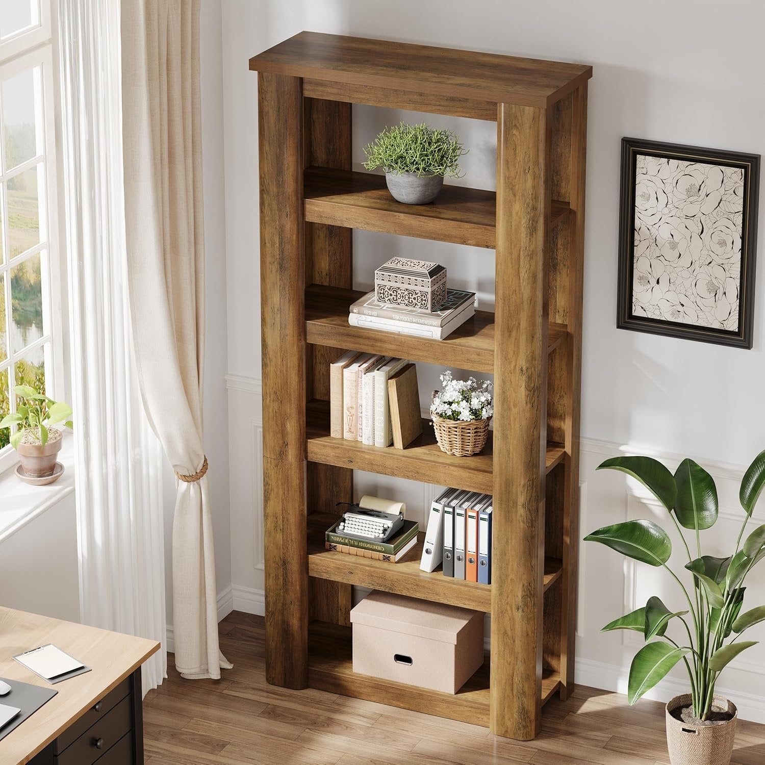 Boekenkast van 180 cm met 6 Lagen, Vrijstaande Open Opbergrekken in Rustiek Bruin