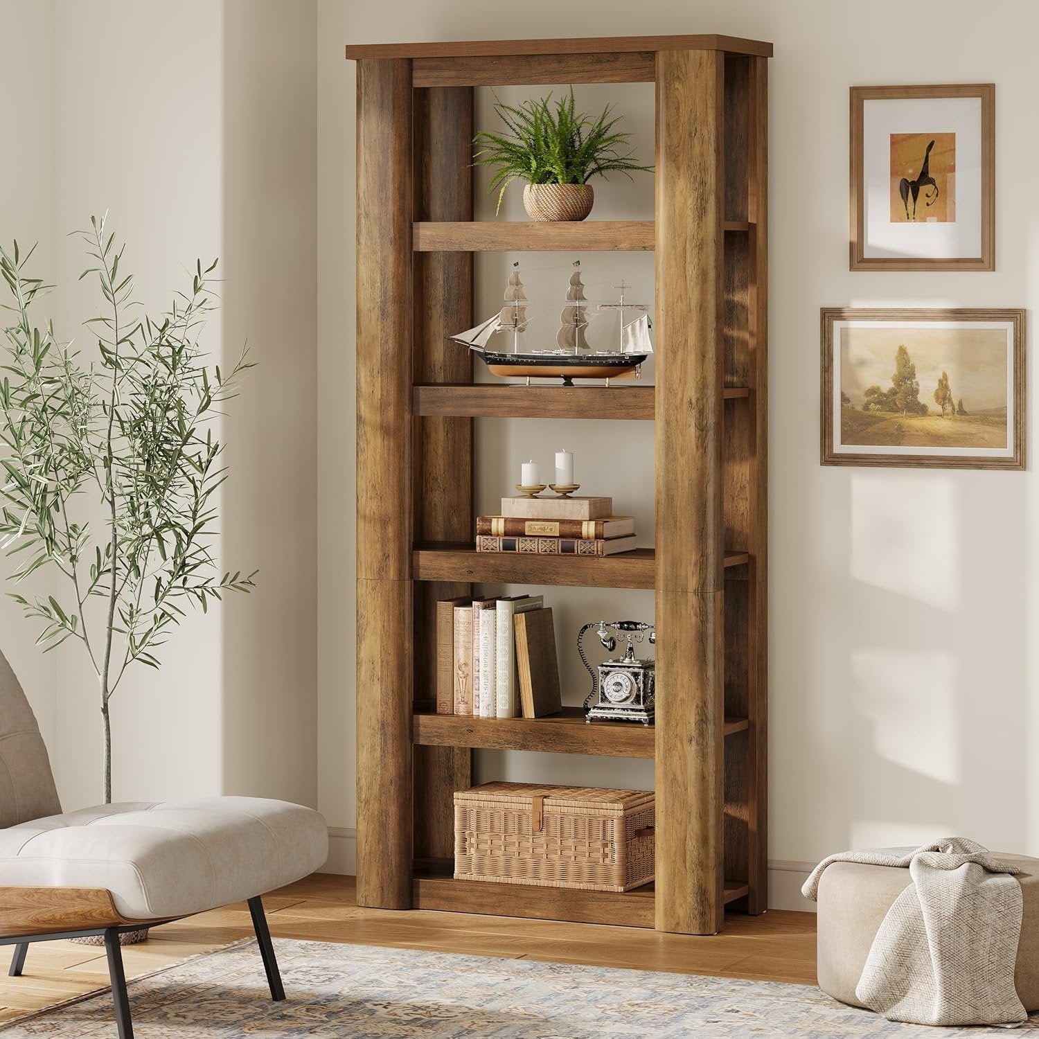 Boekenkast van 180 cm met 6 Lagen, Vrijstaande Open Opbergrekken in Rustiek Bruin