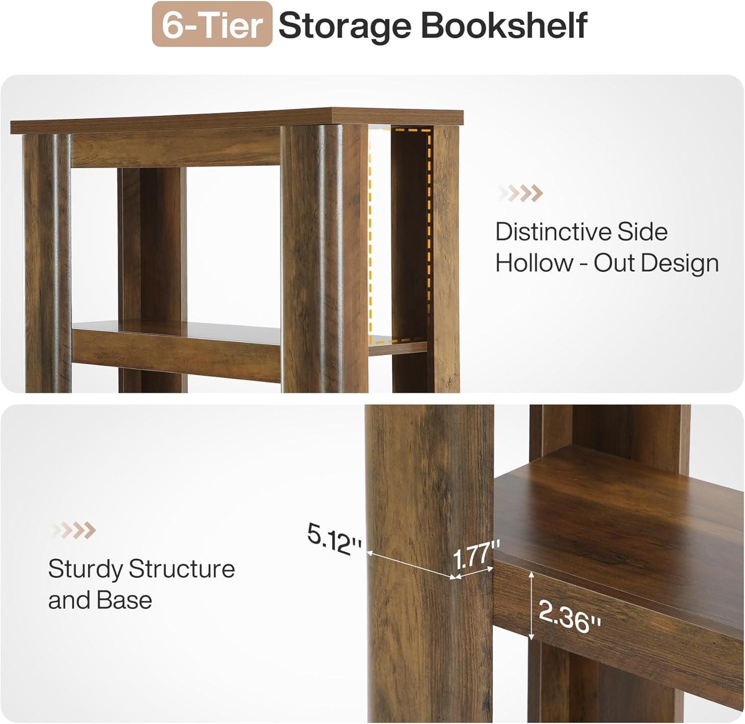 Boekenkast van 180 cm met 6 Lagen, Vrijstaande Open Opbergrekken in Rustiek Bruin