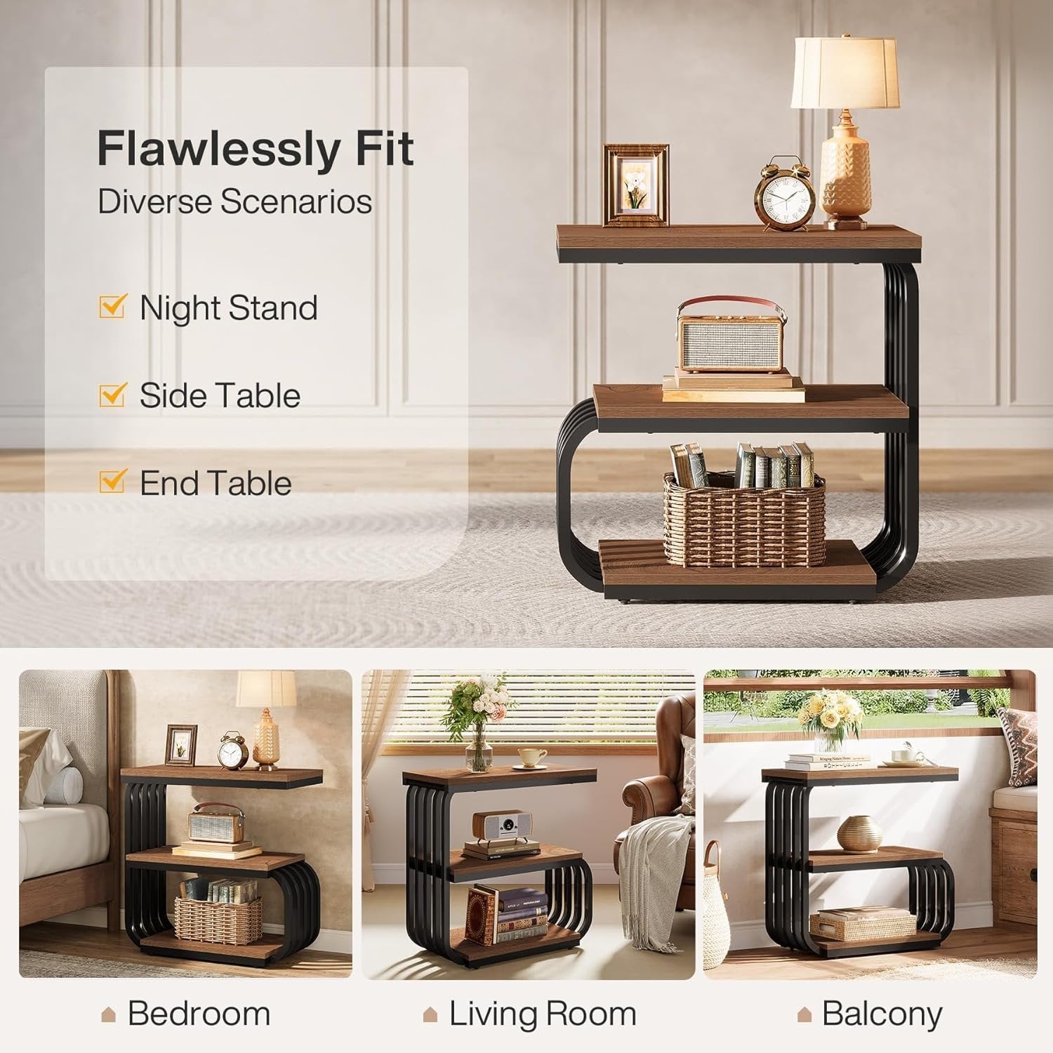 Tribesigns Smalle Nachtkastje met 3 Lagen in Industrieel Design