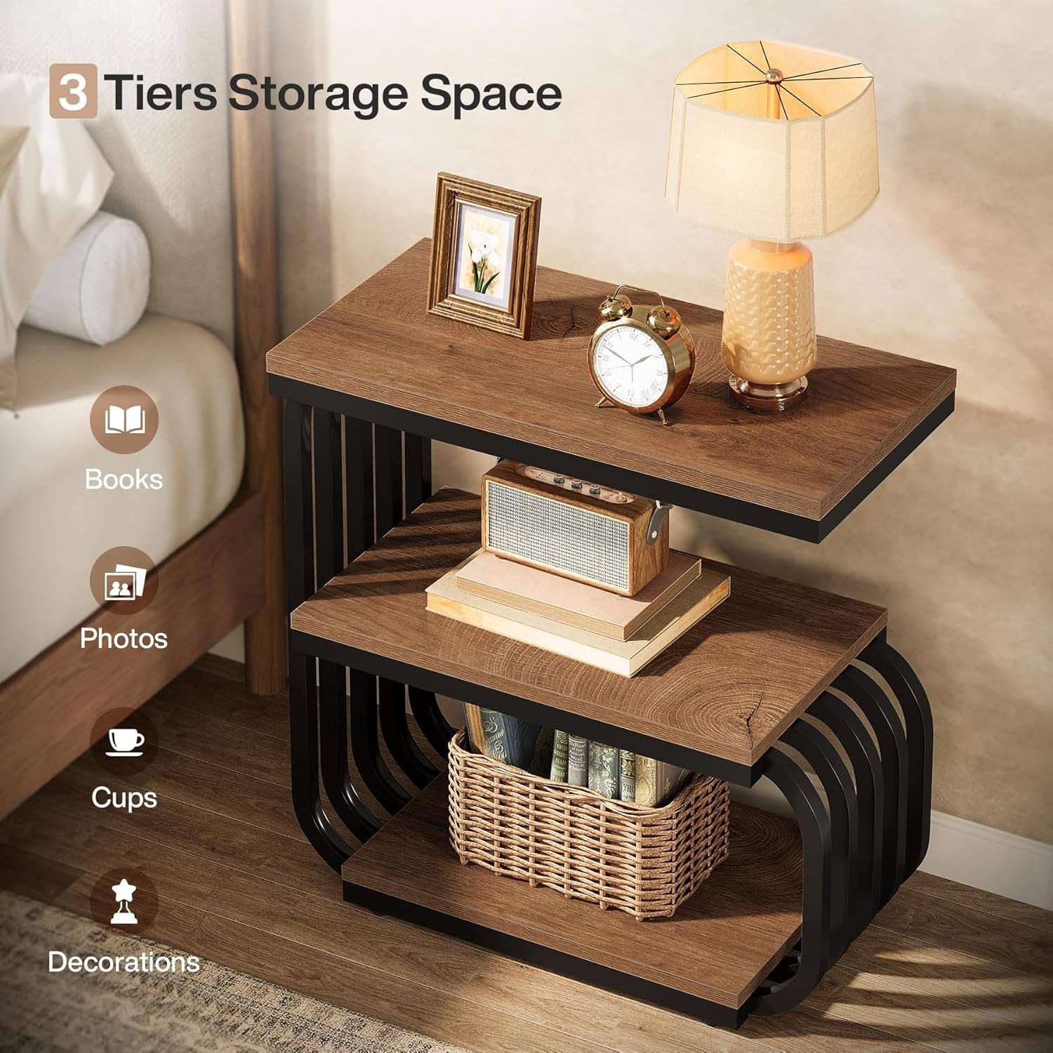 Tribesigns Smalle Nachtkastje met 3 Lagen in Industrieel Design