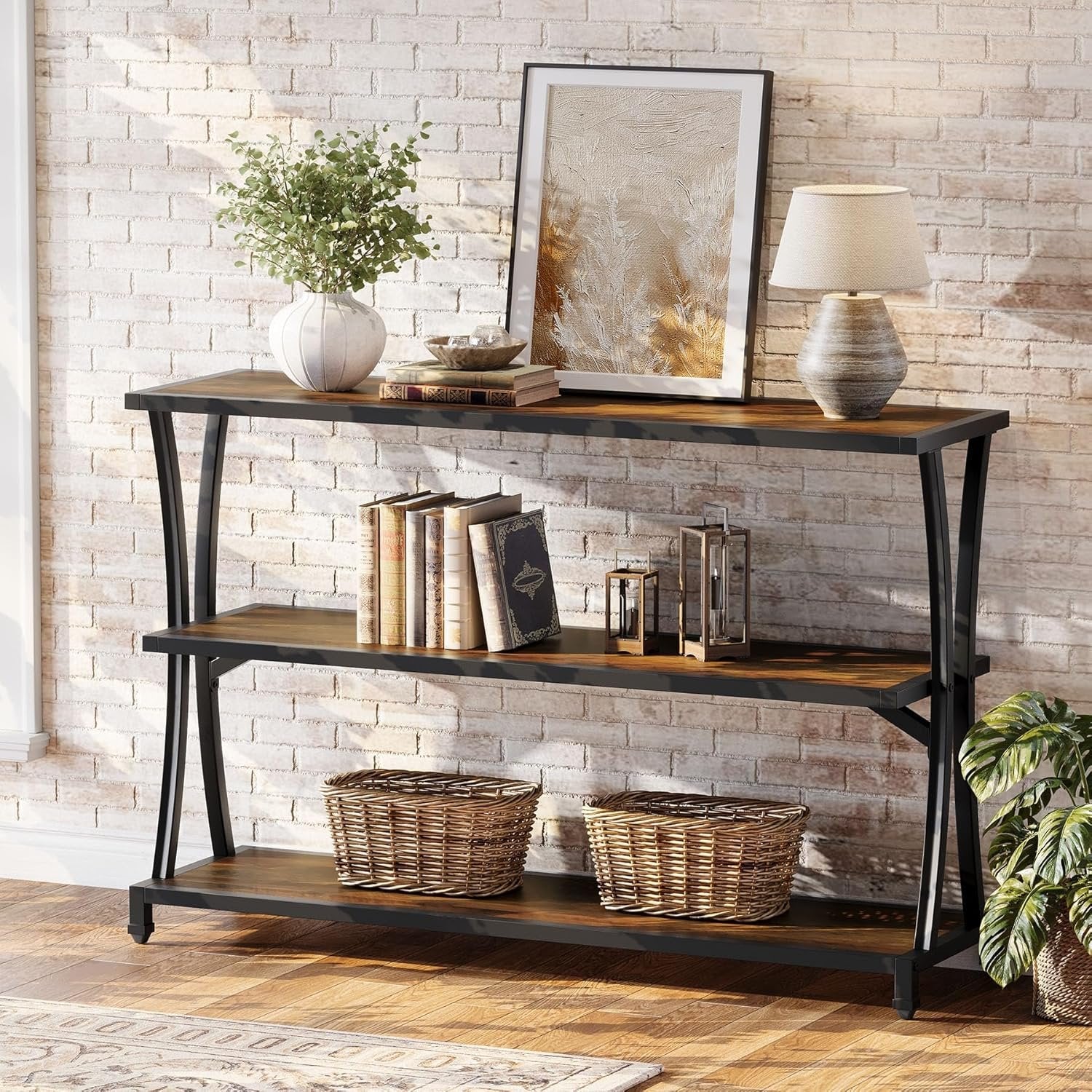 110 cm 3-laags Industriële Haltafel, Smalle Banktafel met Open Opbergruimte