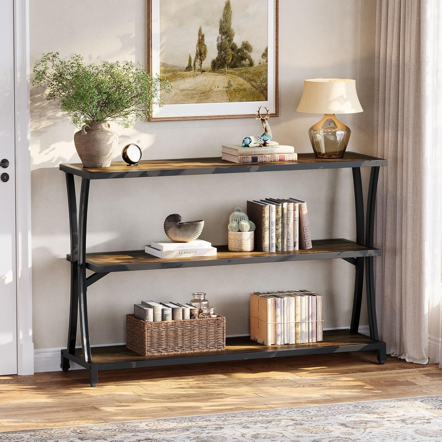 110 cm 3-laags Industriële Haltafel, Smalle Banktafel met Open Opbergruimte