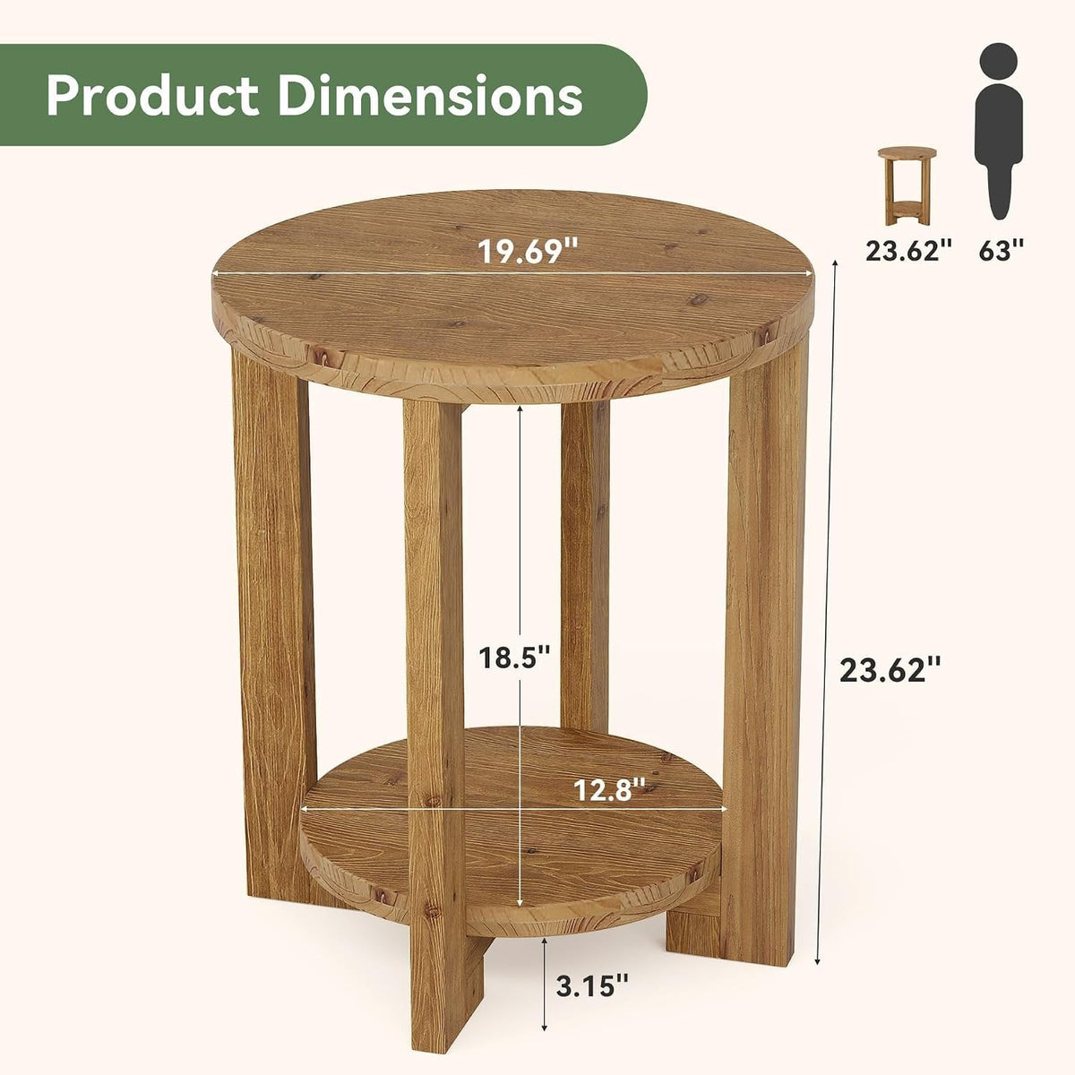 Ronde bijzettafel van massief hout, 50 cm, met opbergplank, retrobruin - Tribesigns