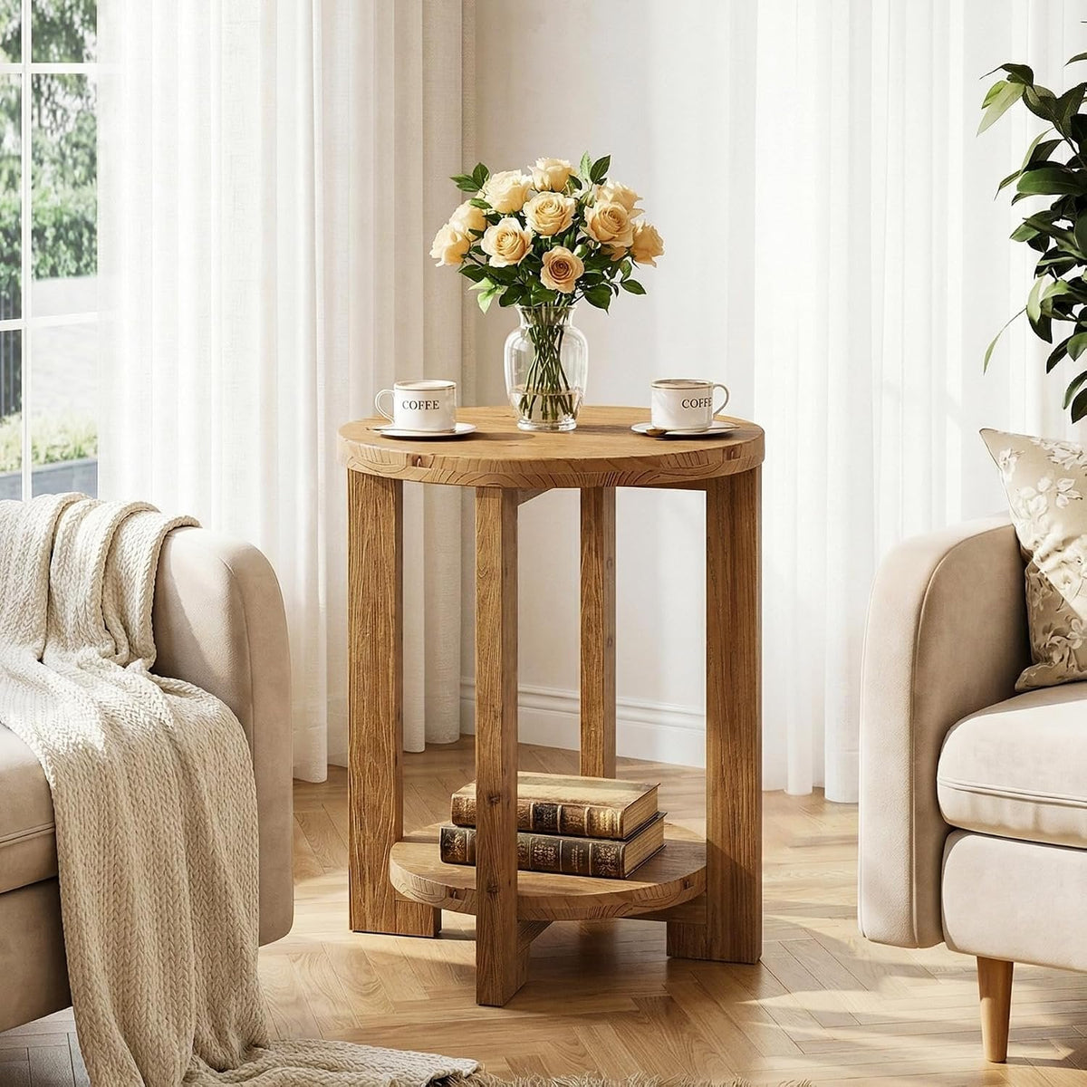 Ronde bijzettafel van massief hout, 50 cm, met opbergplank, retrobruin - Tribesigns