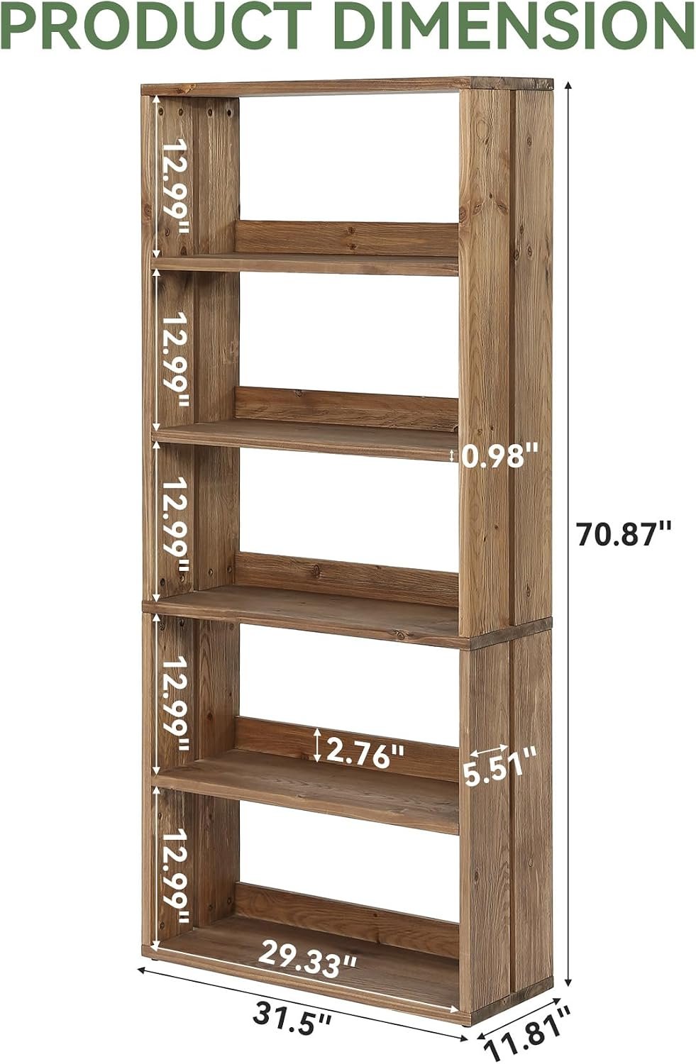 Tribesigns massief houten boekenkast 180 cm, met 5 open niveaus