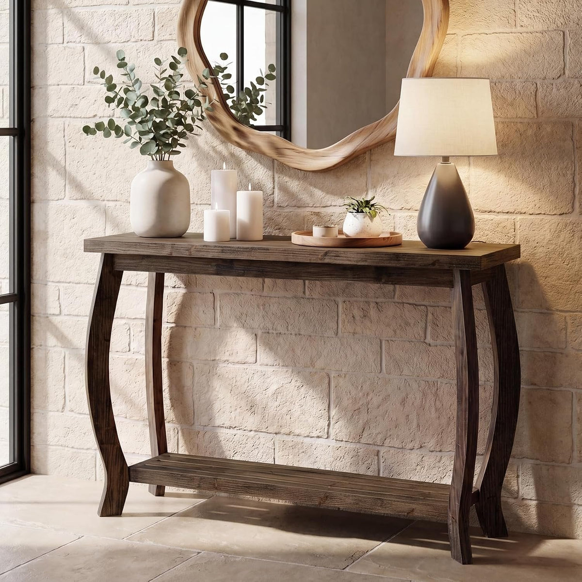 Tribesigns massief houten consolentafel 105 cm, smalle haltafel met 2 niveaus in landelijke stijl