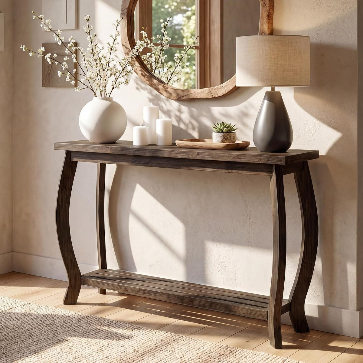 Tribesigns massief houten consolentafel 105 cm, smalle haltafel met 2 niveaus in landelijke stijl