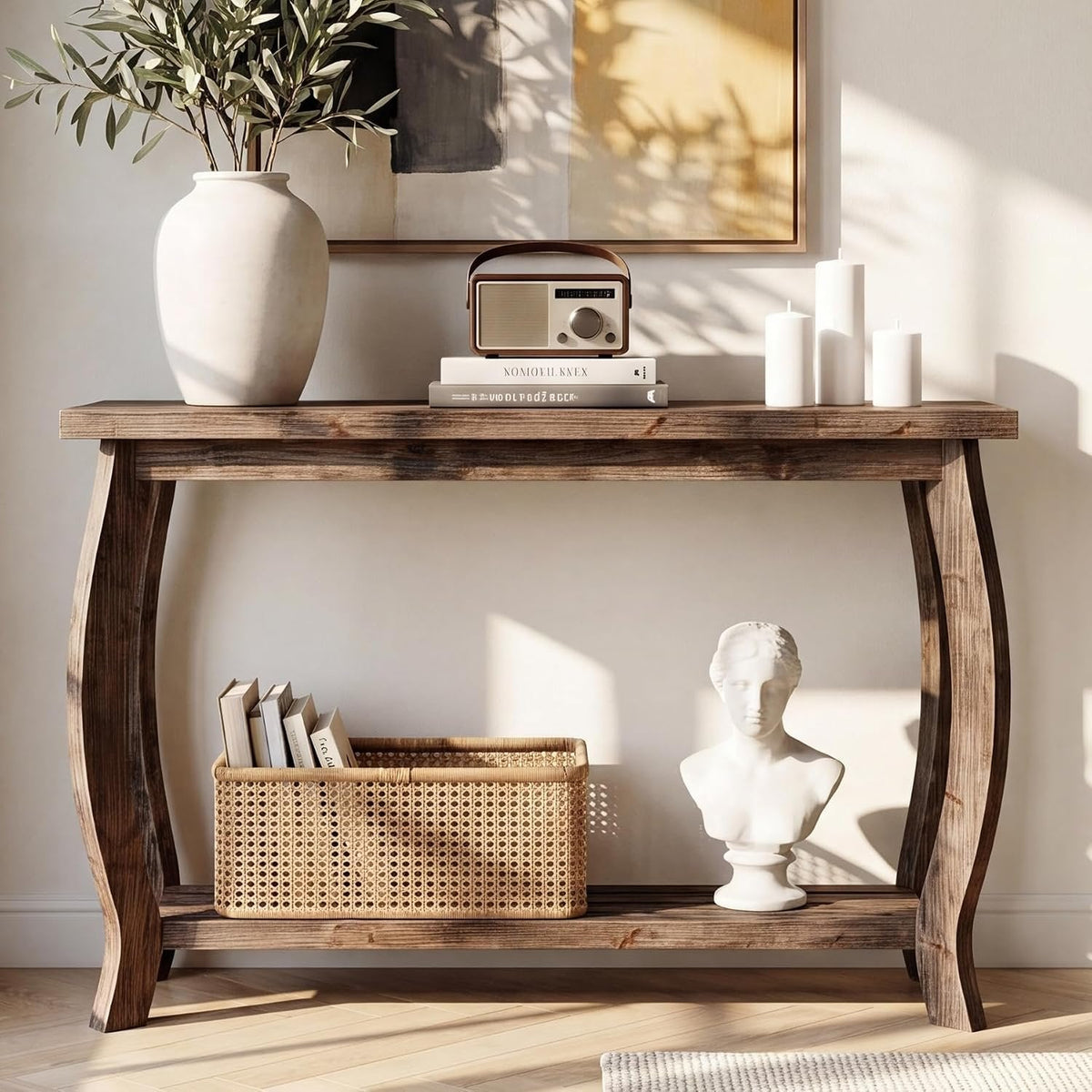 Tribesigns massief houten consolentafel 105 cm, smalle haltafel met 2 niveaus in landelijke stijl