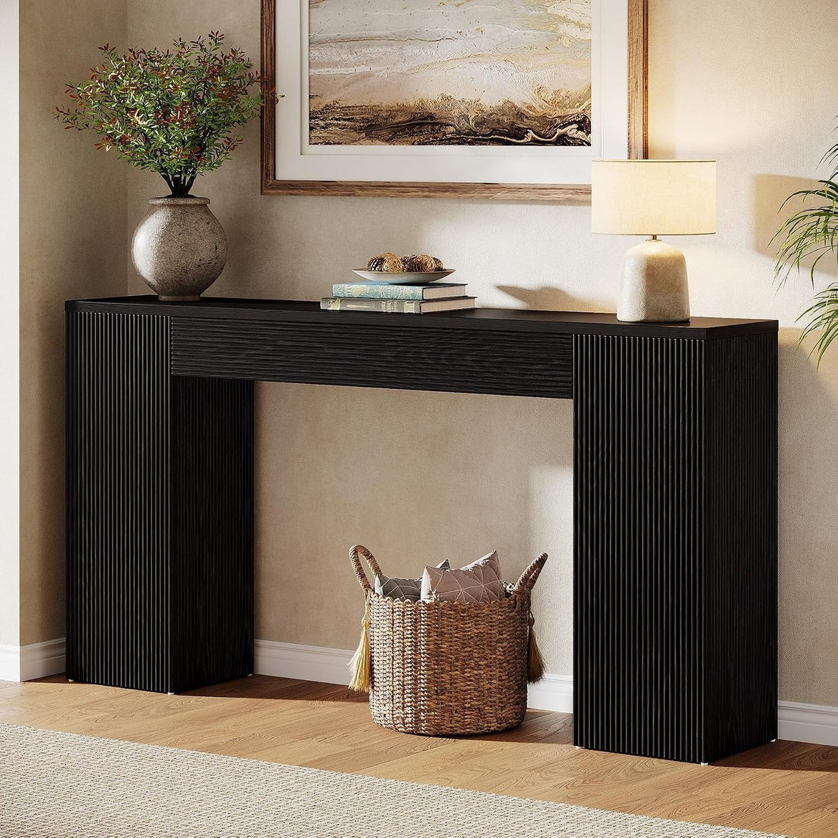 Tribesigns Sidetable van 160 cm van MDF, smalle haltafel met geribbeld front