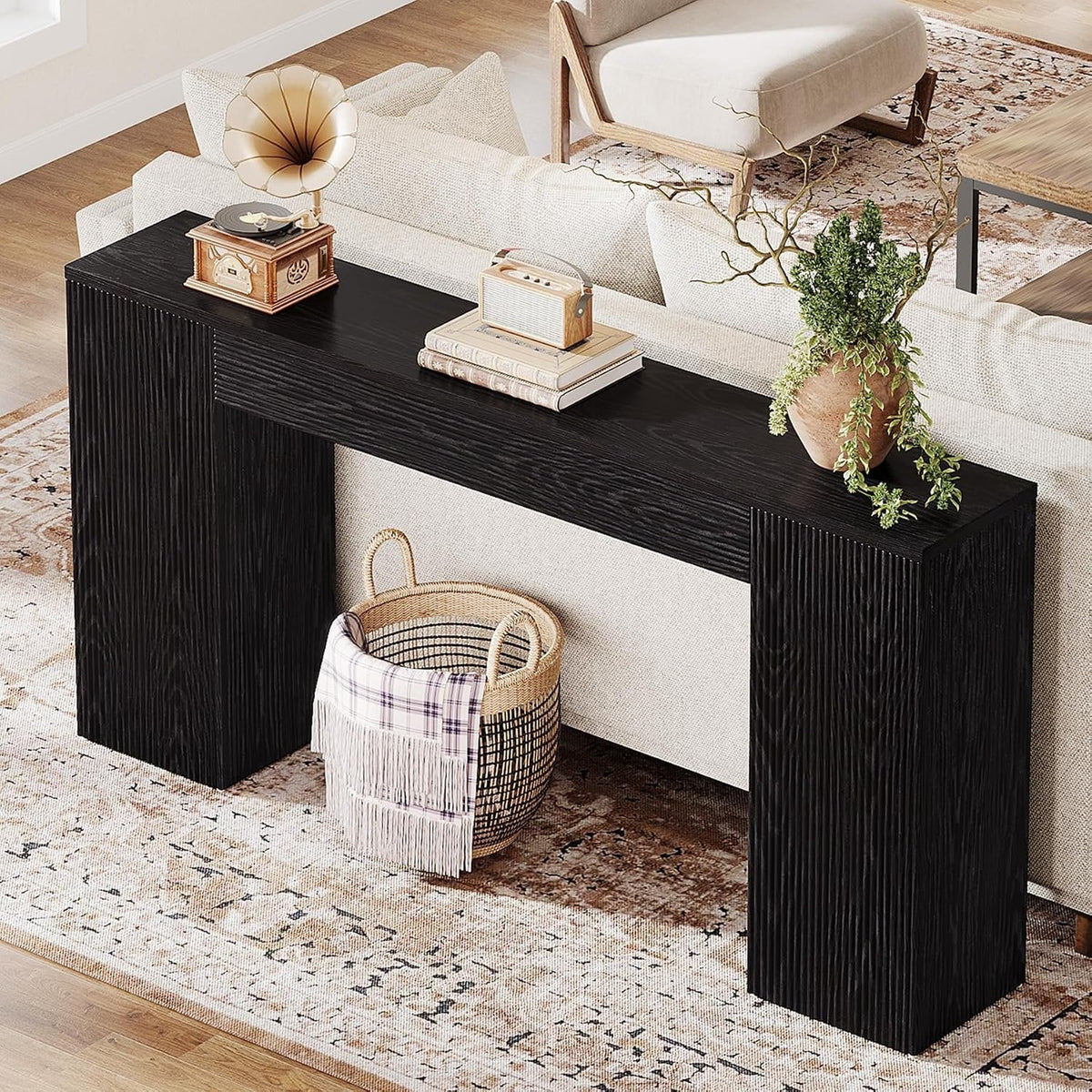 Tribesigns Sidetable van 160 cm van MDF, smalle haltafel met geribbeld front