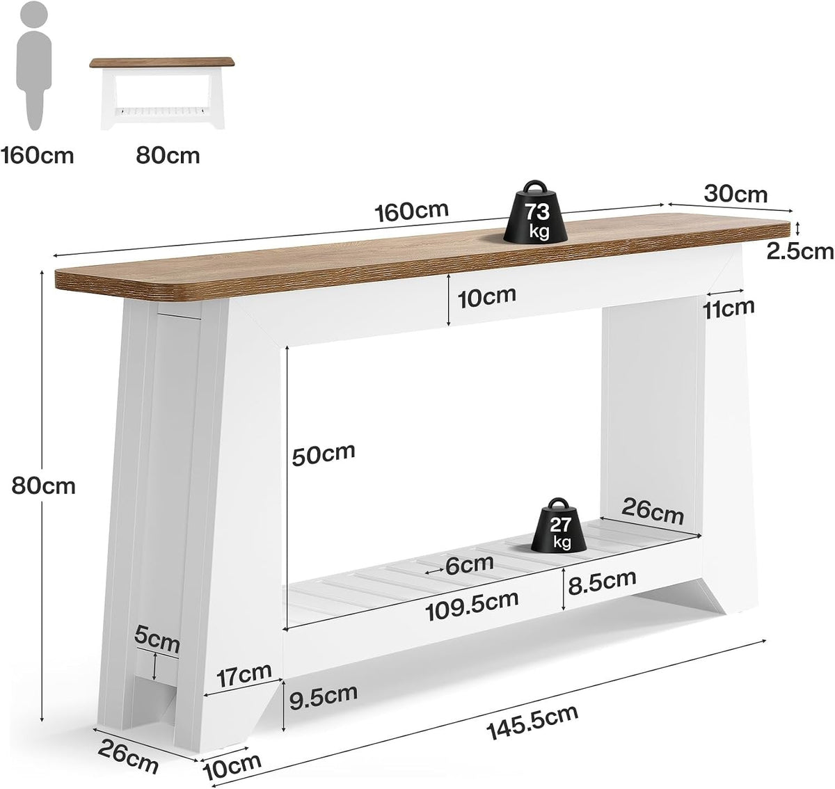 Tribesigns Sidetable van 160 cm met opbergruimte, witte haltafel met A-vormig frame