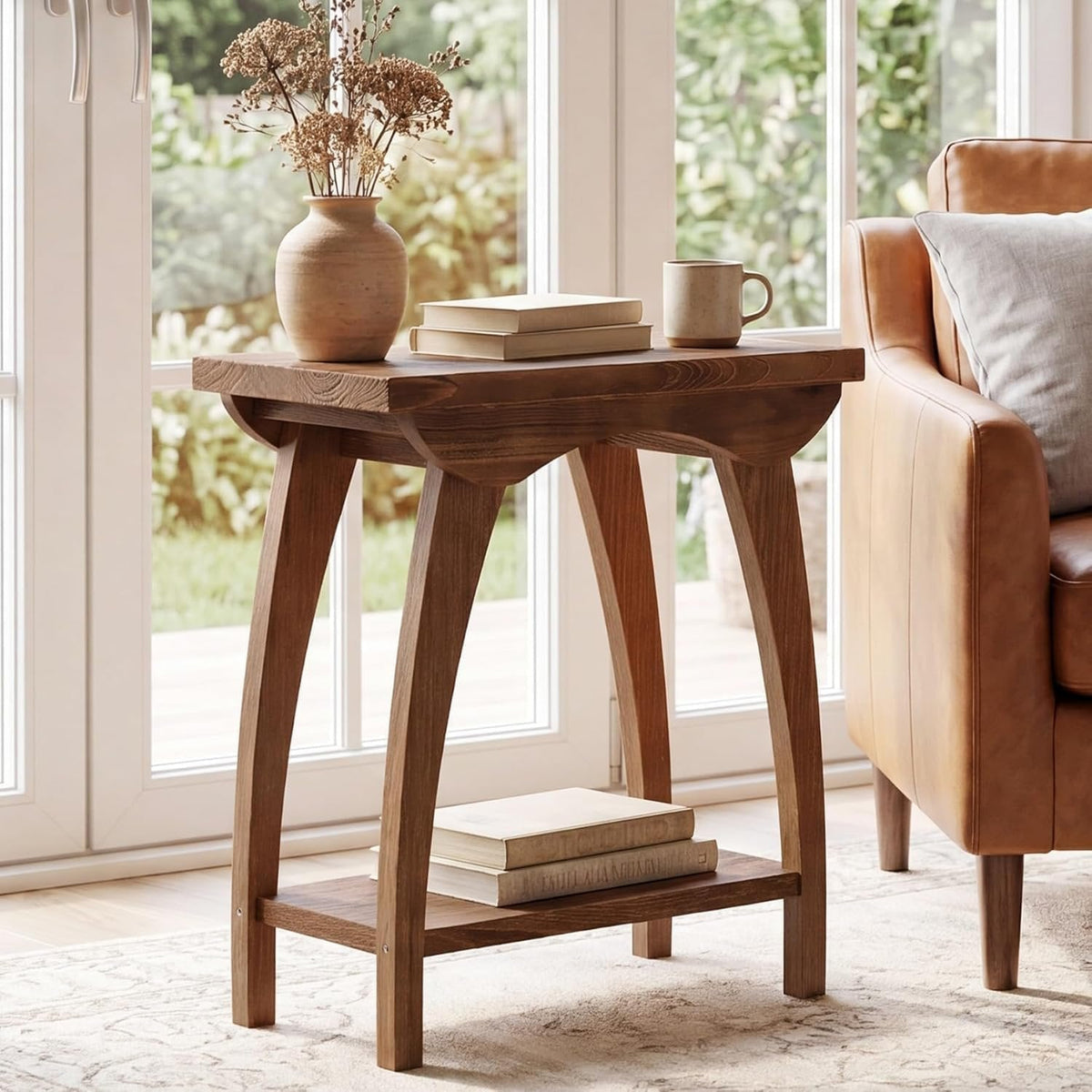 Tribesigns 60 cm ronde bijzettafel van massief hout met 2 legplanken