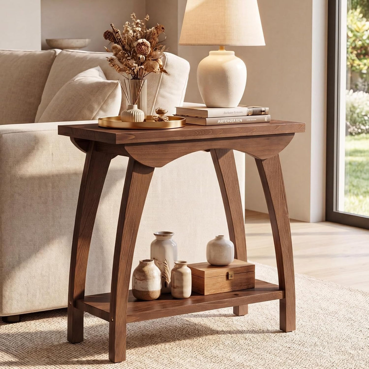 Tribesigns 60 cm ronde bijzettafel van massief hout met 2 legplanken