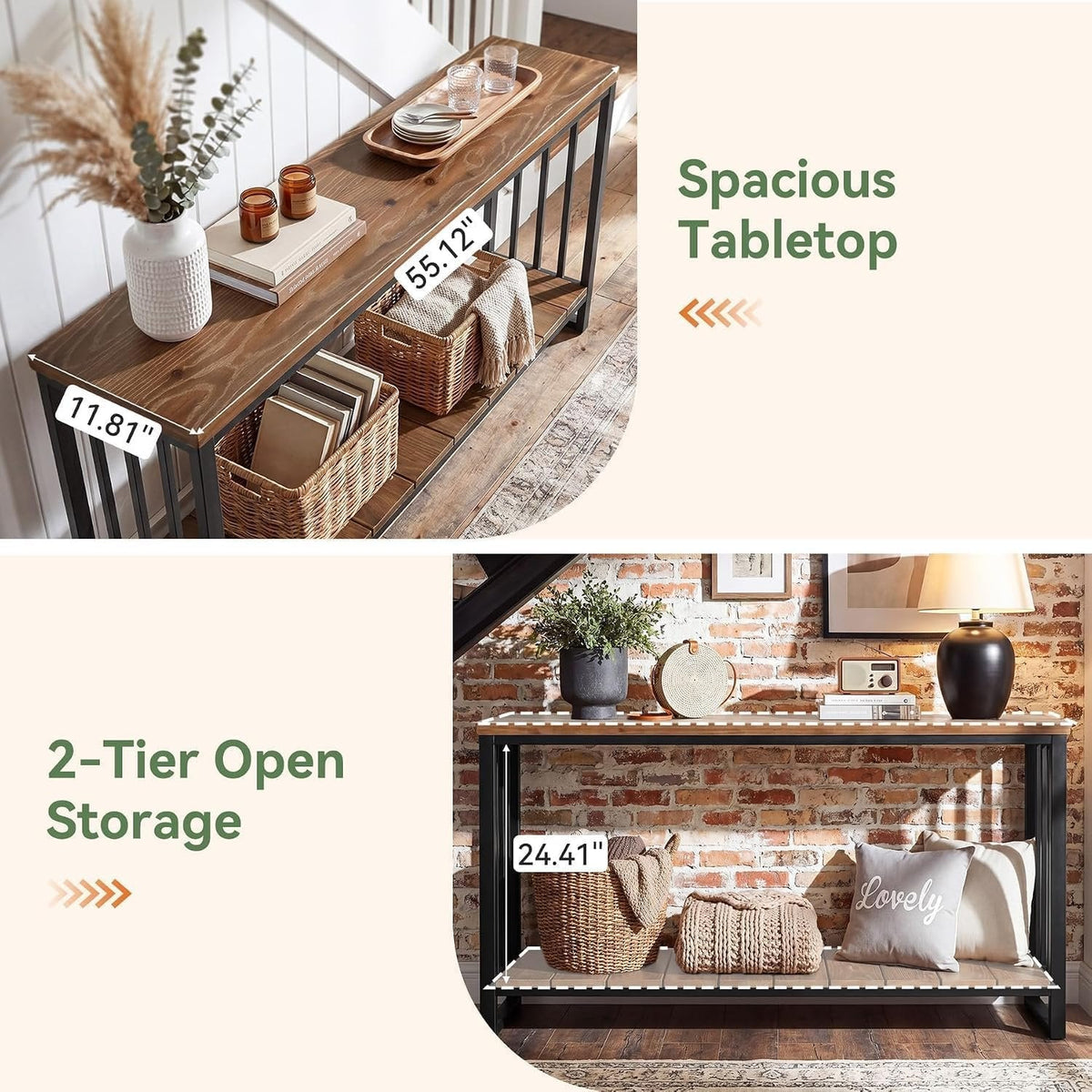 Tribesigns massief houten consolentafel 140 cm, smalle haltafel in landelijke stijl met legplank