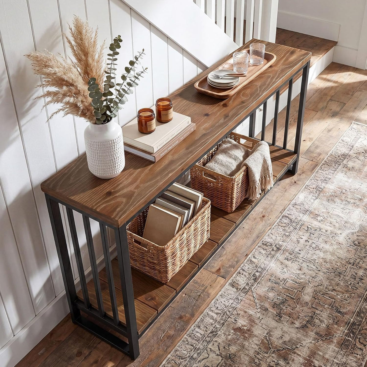 Tribesigns massief houten consolentafel 140 cm, smalle haltafel in landelijke stijl met legplank