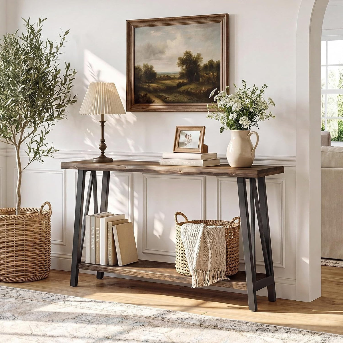 Tribesigns 105 cm consolentafel massief hout natuurrand, industrieel 2-laags frame met opbergplank in hal en woonkamer