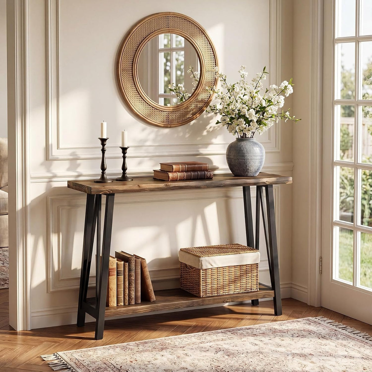 Tribesigns 105 cm consolentafel massief hout natuurrand, industrieel 2-laags frame met opbergplank in hal en woonkamer