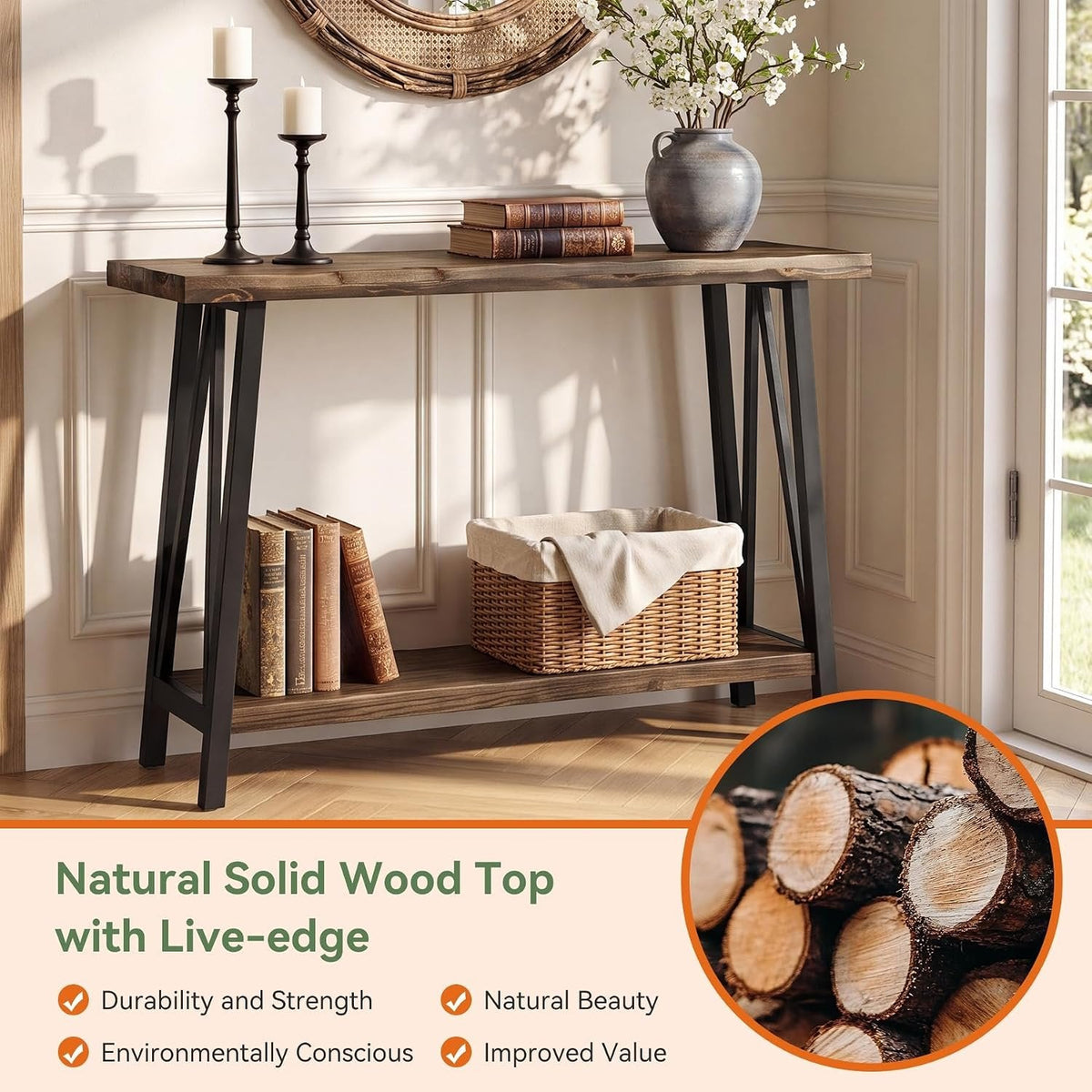 Tribesigns 105 cm consolentafel massief hout natuurrand, industrieel 2-laags frame met opbergplank in hal en woonkamer