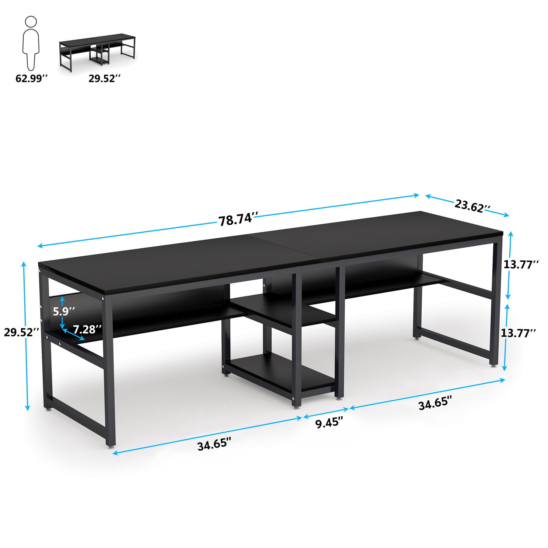 200 cm breed Tweepersoons Bureau, Met Geïntegreerde Boekenplank in Rustieke Zwarte Uitvoering voor Thuiskantoor