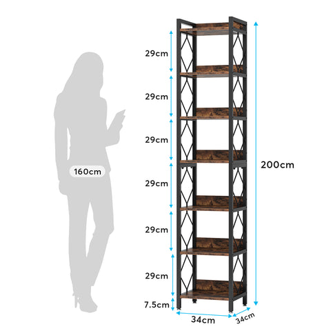 200 cm Hoge Boekenkast, Zeven Planken Opbergmeubel voor Kantoor en Woonkamer