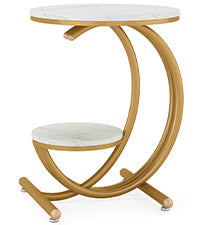 Moderne Bijzettafel met Marmerlook, Ronde Design Tafel met 2 Etages en C-vormige Poten voor Woonkamer