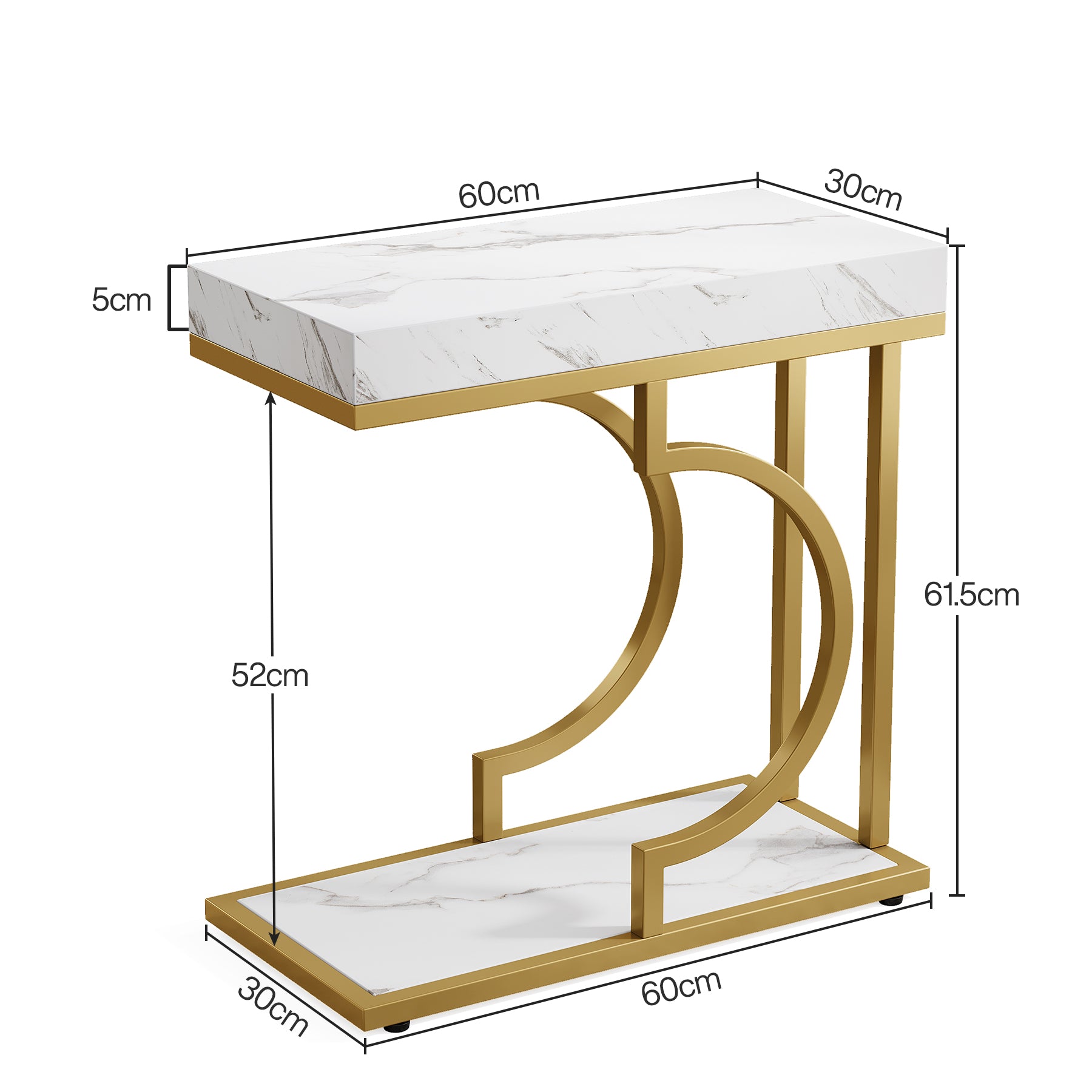 Smalle Bijzettafel, Wit en Gouden C-vormige Einde Tafel met Metaal Frame