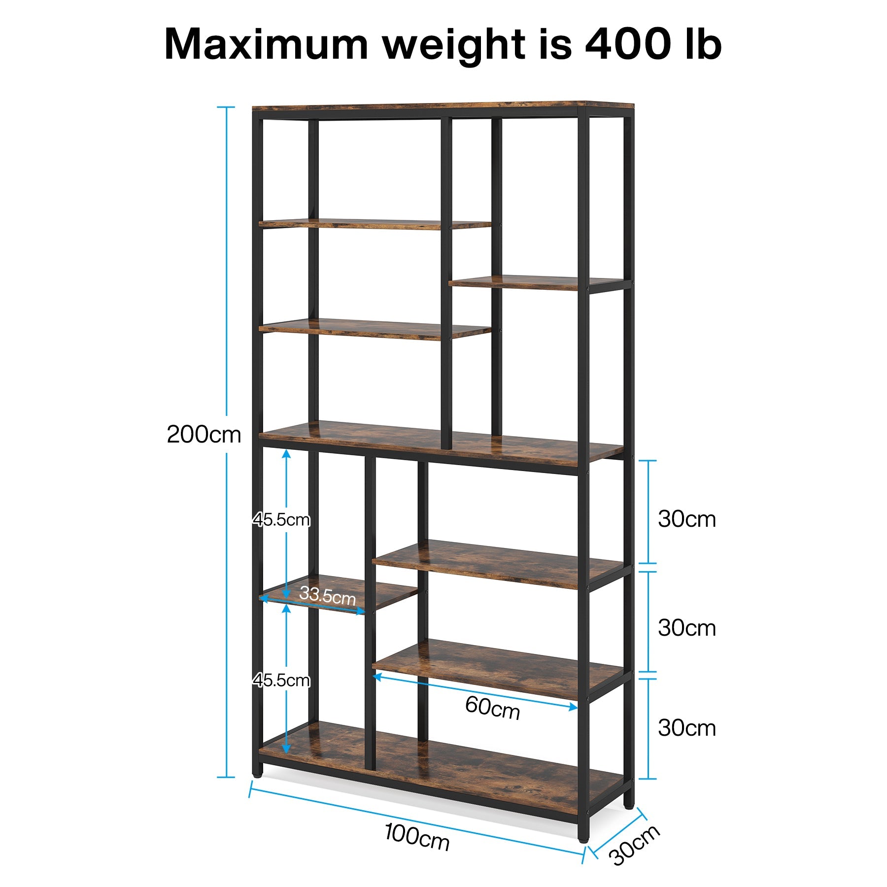 200 cm Hoge Boekenplank, 8-Laags Open Boekenkast met Brede Houten Etagère voor Woonkamer