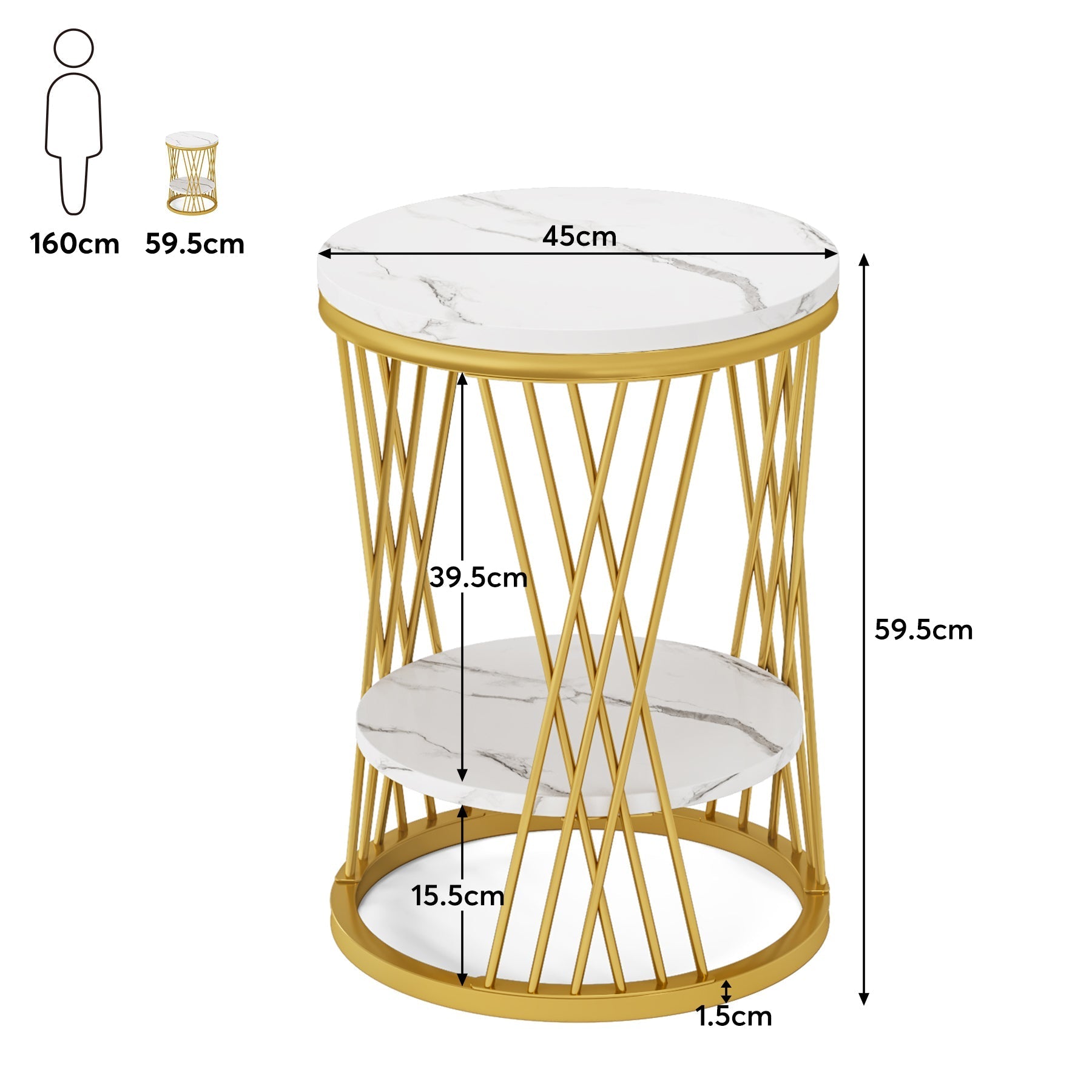 Stijlvolle Ronde Bijzettafel, Witte Met Gouden Accenten en Handige Opbergplanken