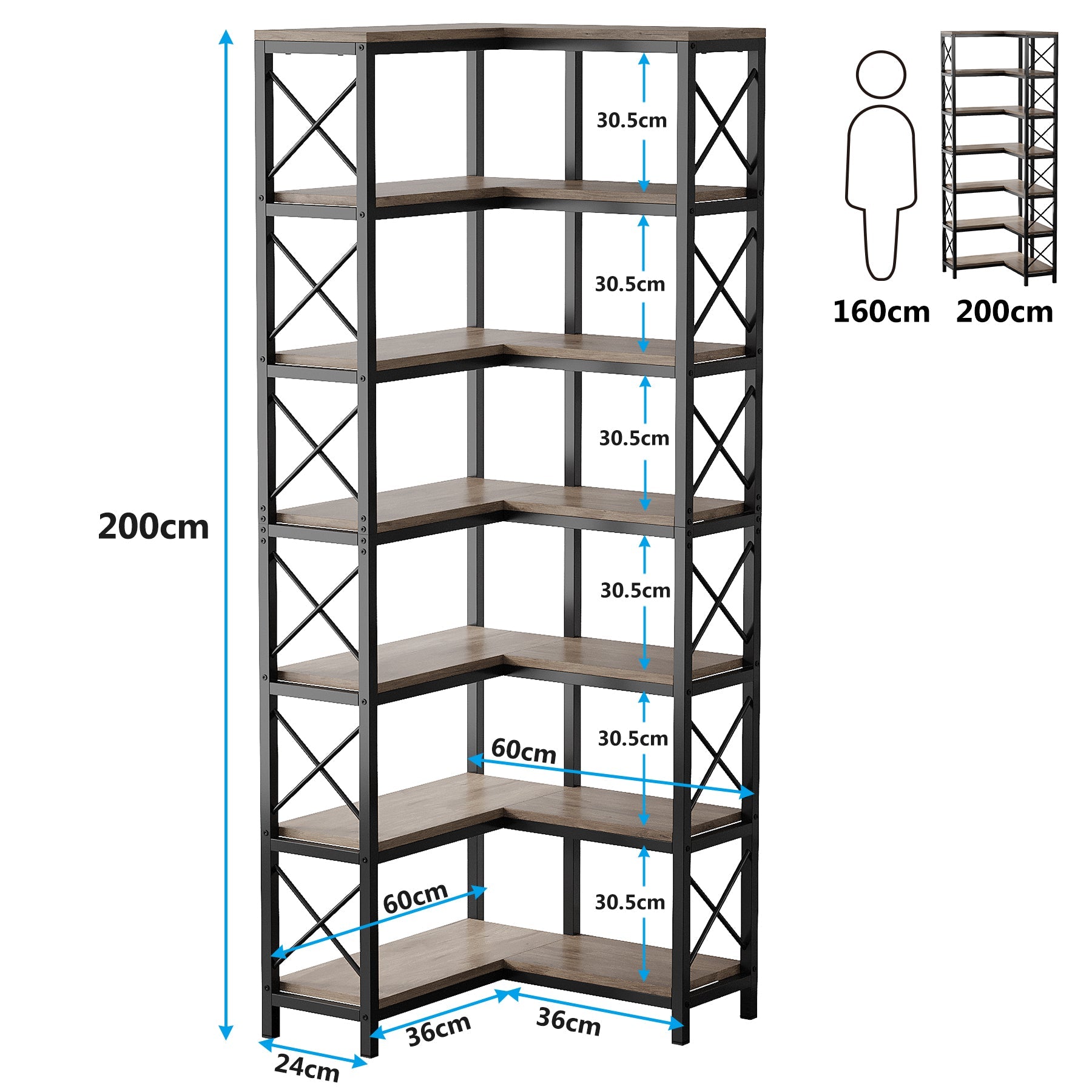 Tribesigns Hoekboekenkast, Moderne 7-Lags Hoekplank met Metalen Frame
