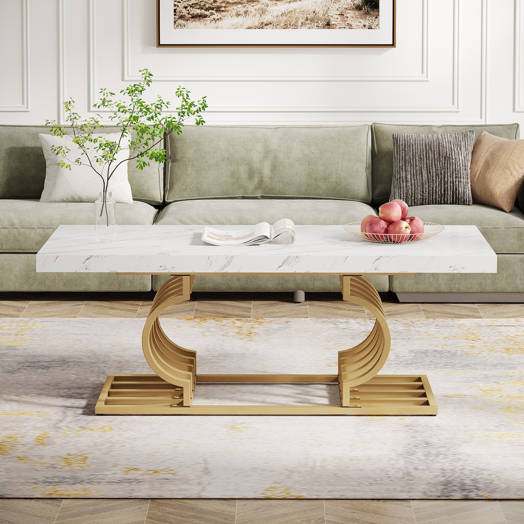 120 cm Moderne Salontafel, Witte Cocktailtafel met Geometrisch Frame en Marmer Print