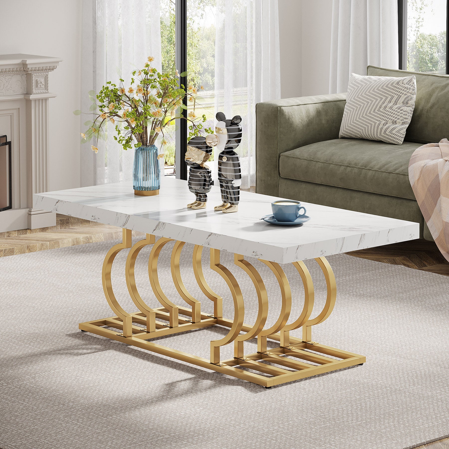 120 cm Moderne Salontafel, Witte Cocktailtafel met Geometrisch Frame en Marmer Print