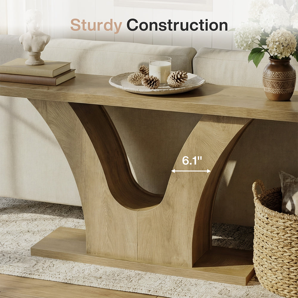 160 cm Smalle Consoletafel met 2 Niveaus Opbergruimte, Landelijke Sofa Tafel met V-Vorm Onderstel