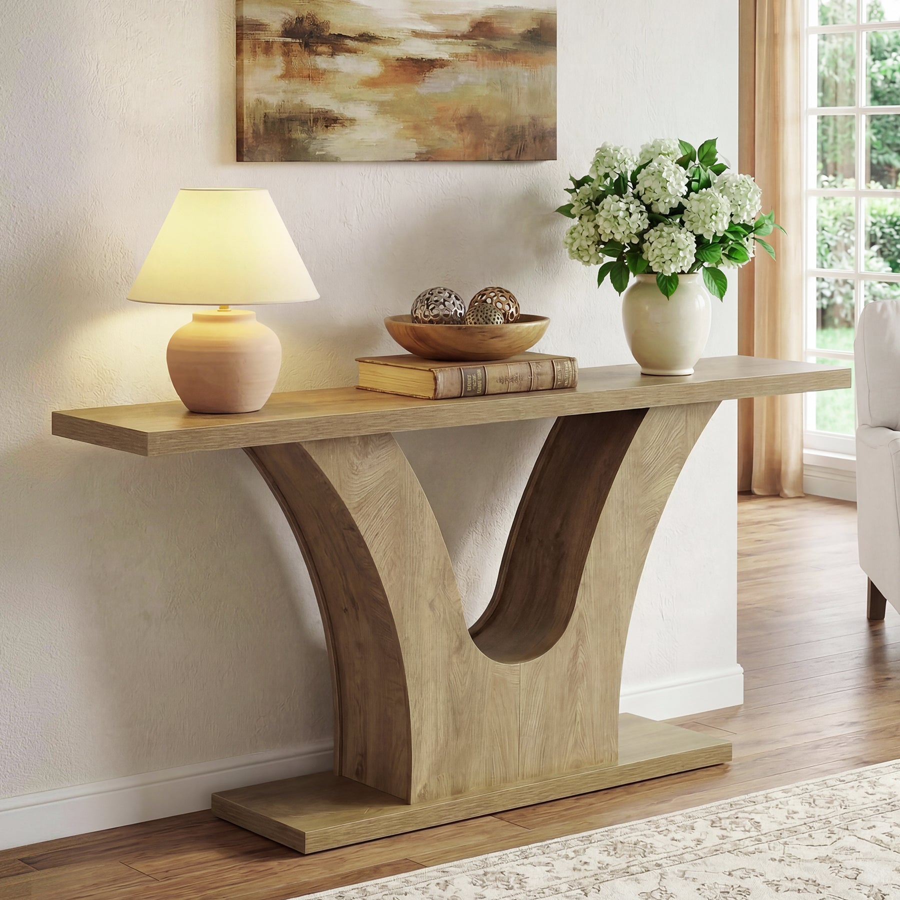 160 cm Smalle Consoletafel met 2 Niveaus Opbergruimte, Landelijke Sofa Tafel met V-Vorm Onderstel