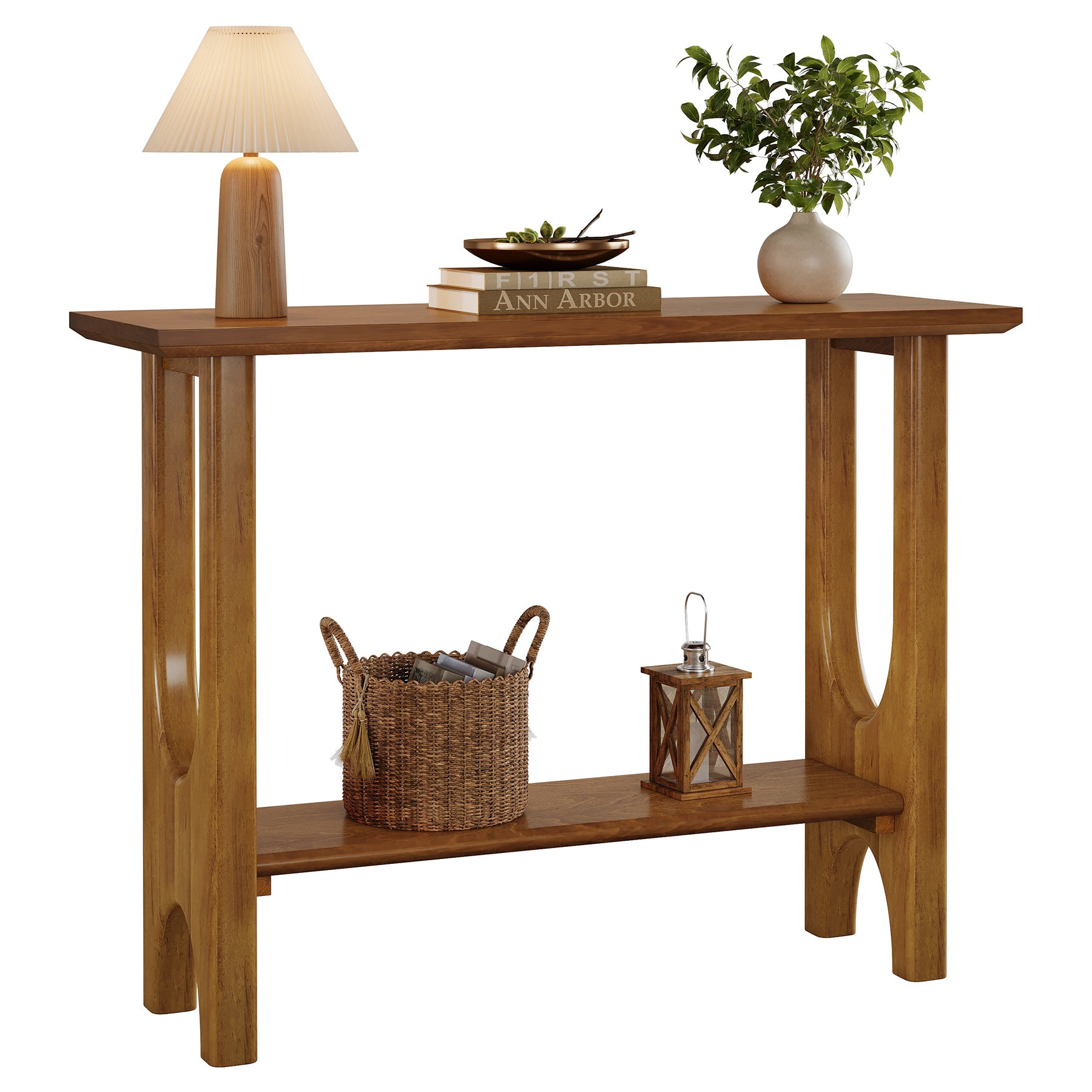 105 cm Entreetafel met 2 Niveaus, Moderne Consoletafel met Massief Houten Poten